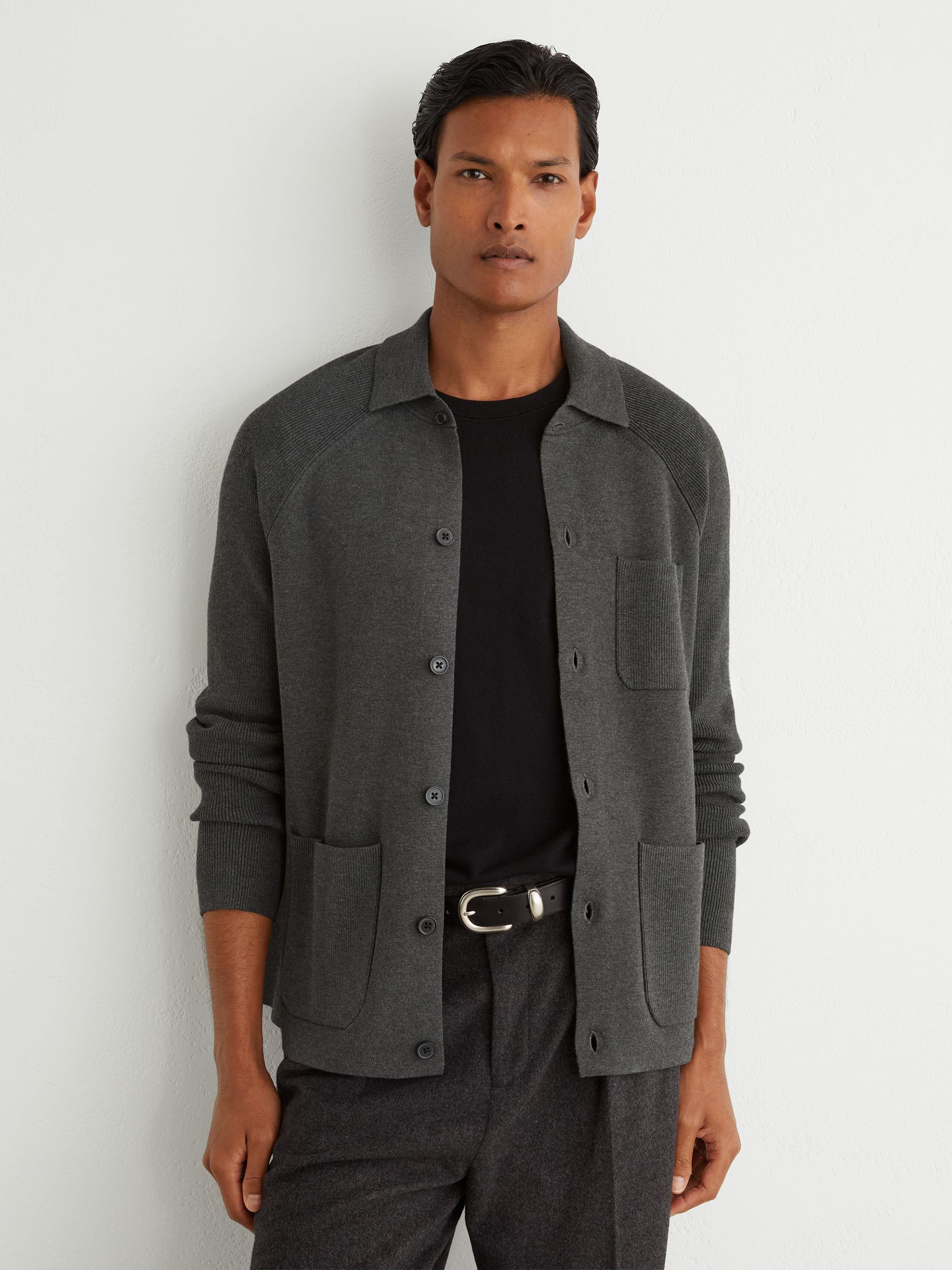 Rib-Knit Detail Button-Through Cardigan in Charcoal Grey - Image 1 of 6