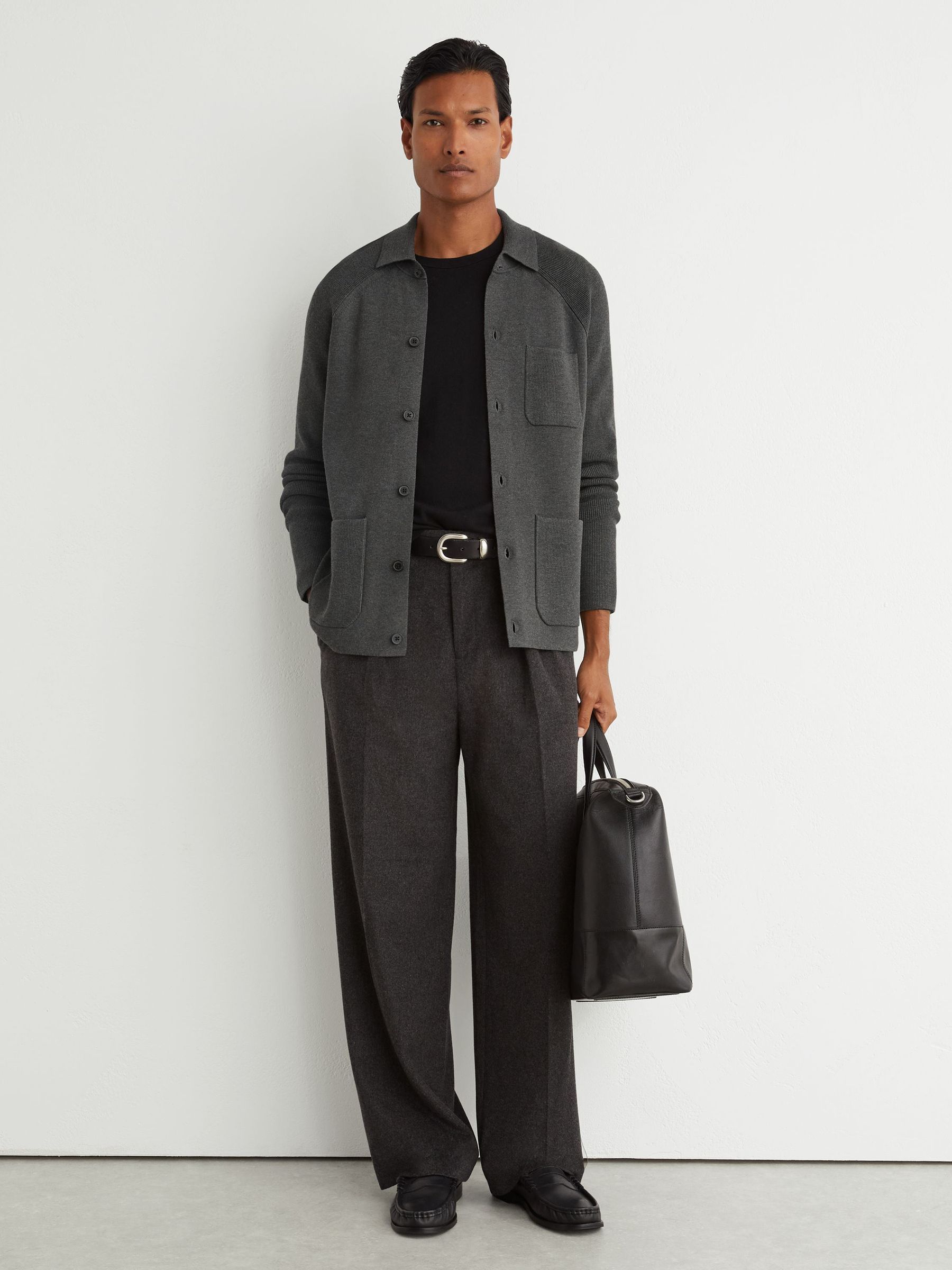 Rib-Knit Detail Button-Through Cardigan in Charcoal Grey - Image 3 of 6