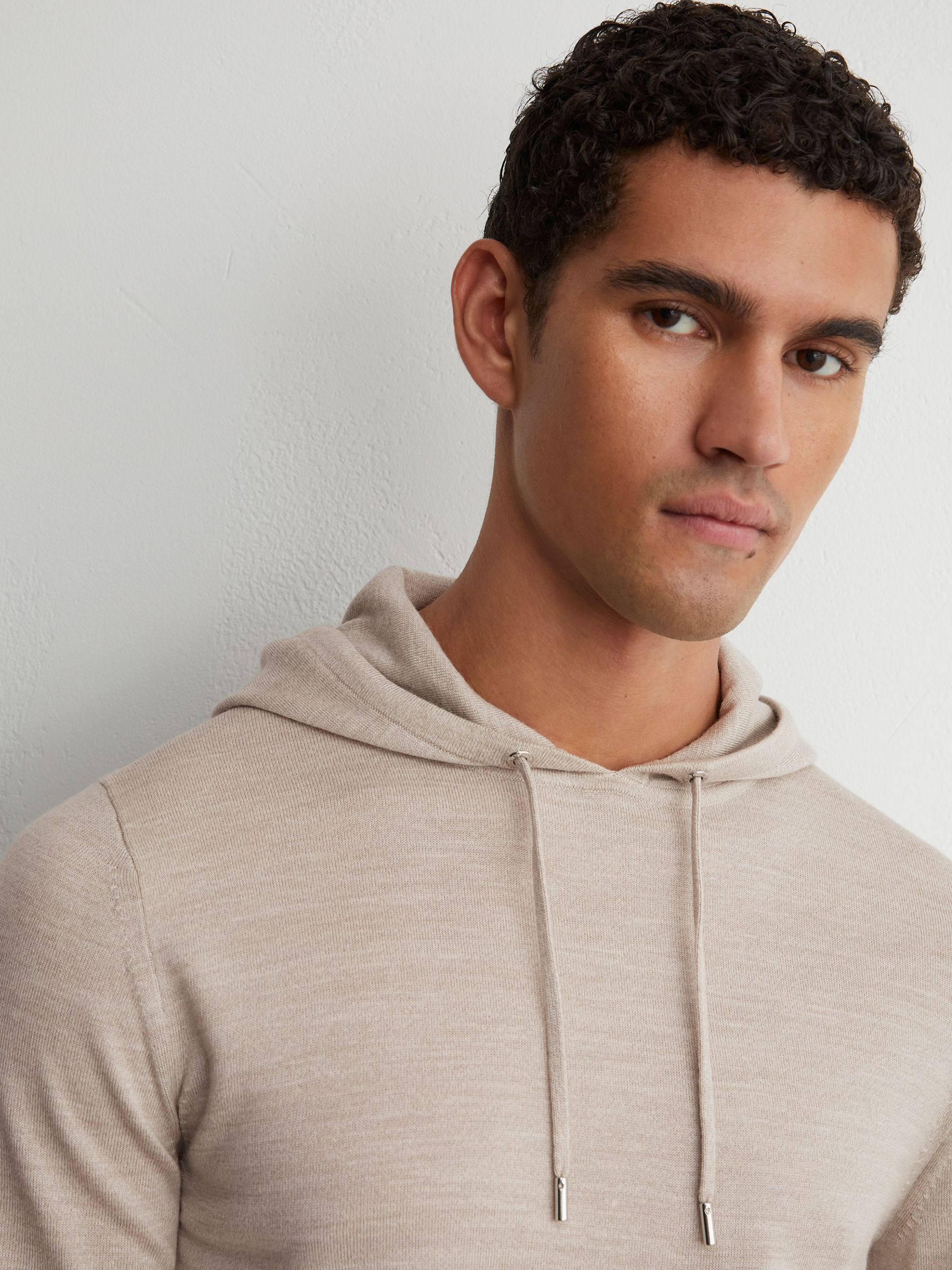 Merino Wool Drawstring Hoodie in Stone Mouline - Image 1 of 6