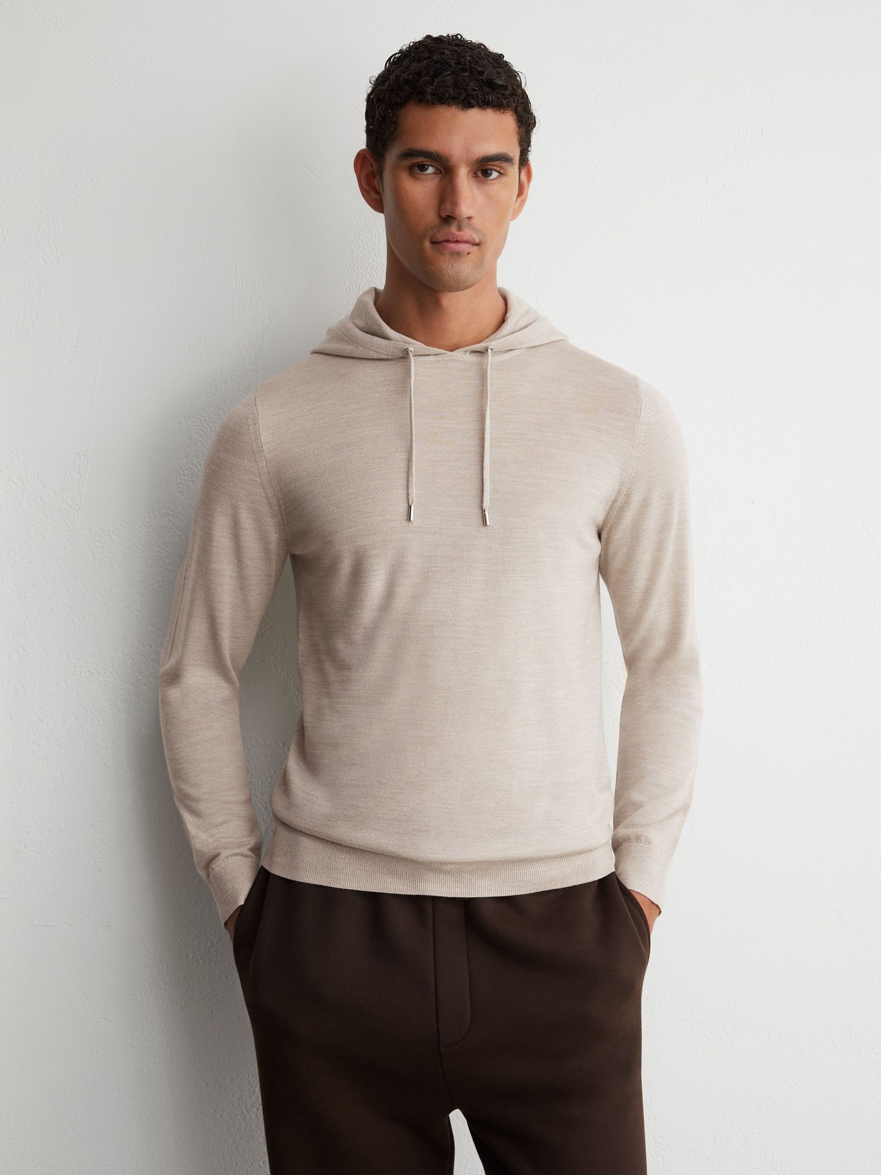 Merino Wool Drawstring Hoodie in Stone Mouline - Image 4 of 6
