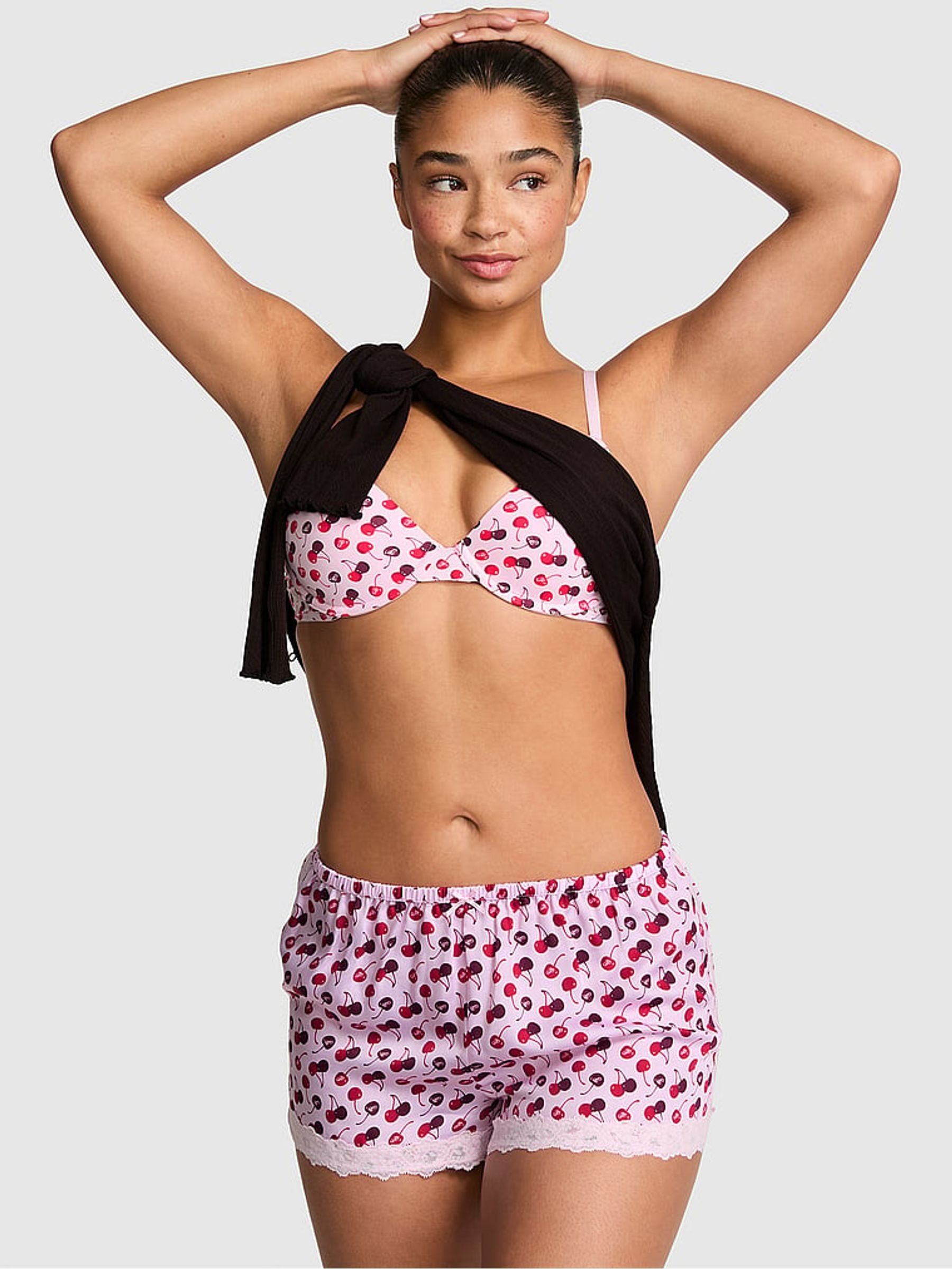 Pink Tulip Cherries Print Lace Trim Short Pyjama Bottoms - Image 1 of 2