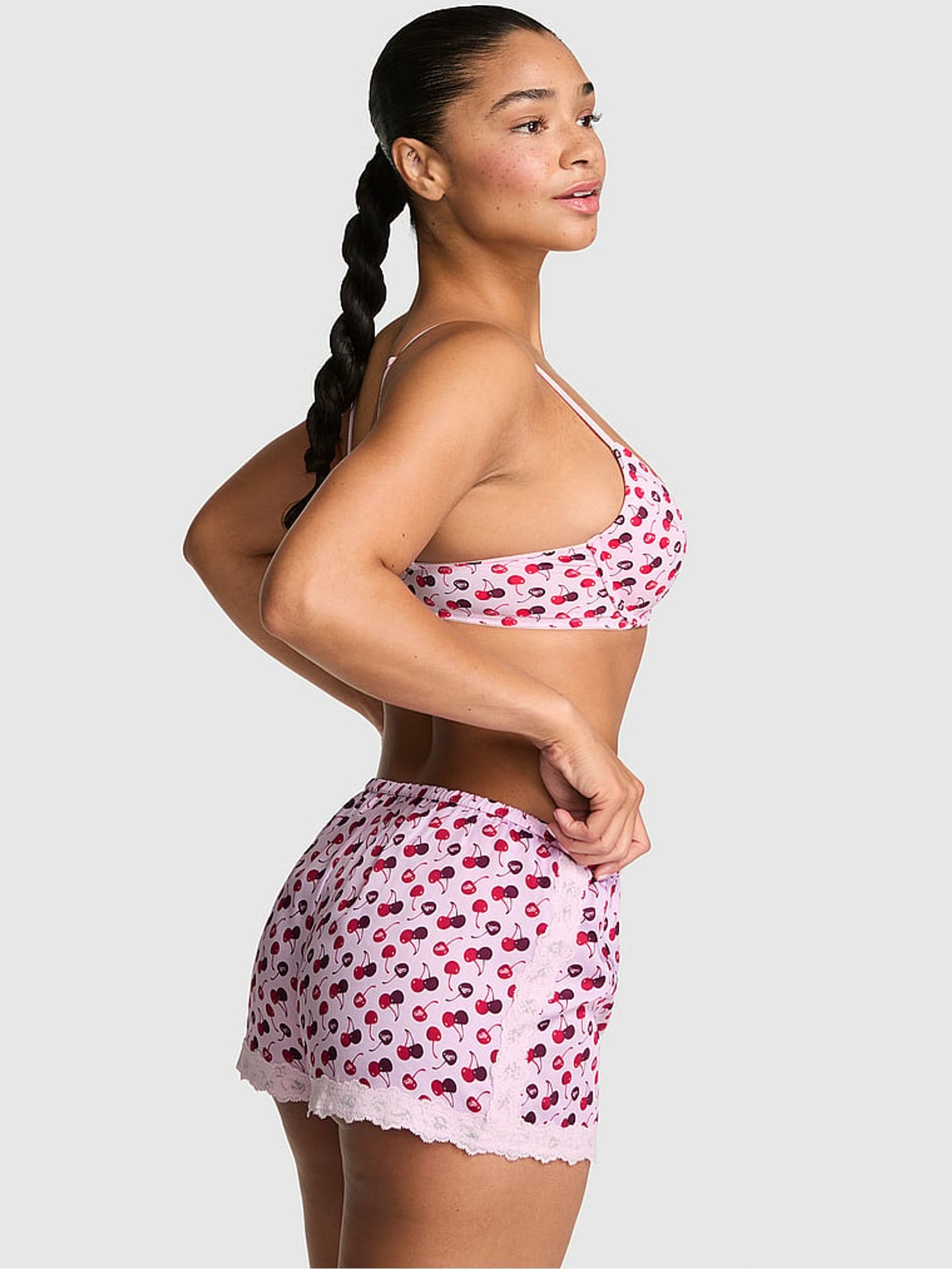 Pink Tulip Cherries Print Lace Trim Short Pyjama Bottoms - Image 2 of 2