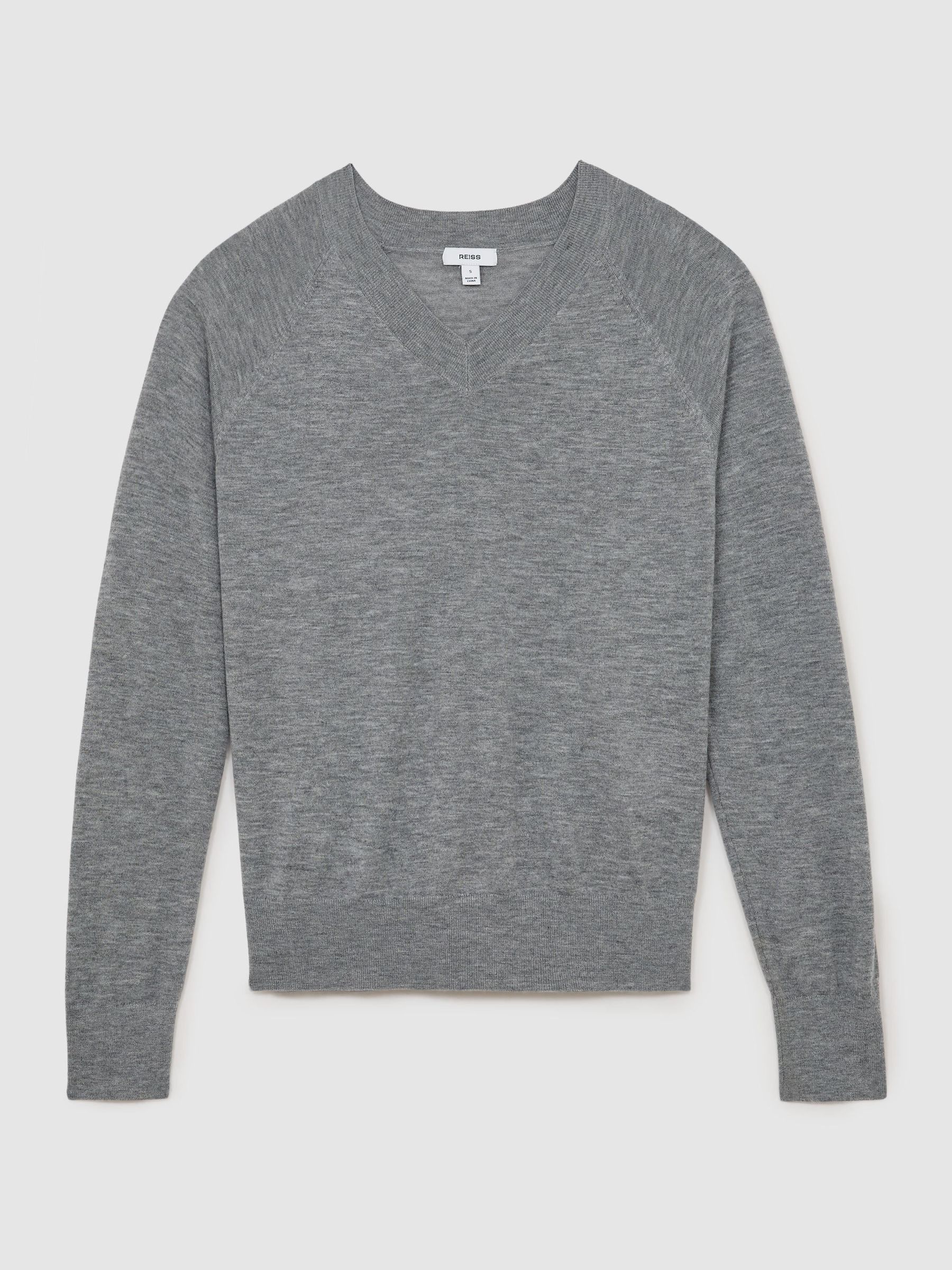 Merino Wool V-Neck Jumper in Grey - Image 2 of 6 Merino Wool V-Neck Jumper in Grey - Image 2 of 6