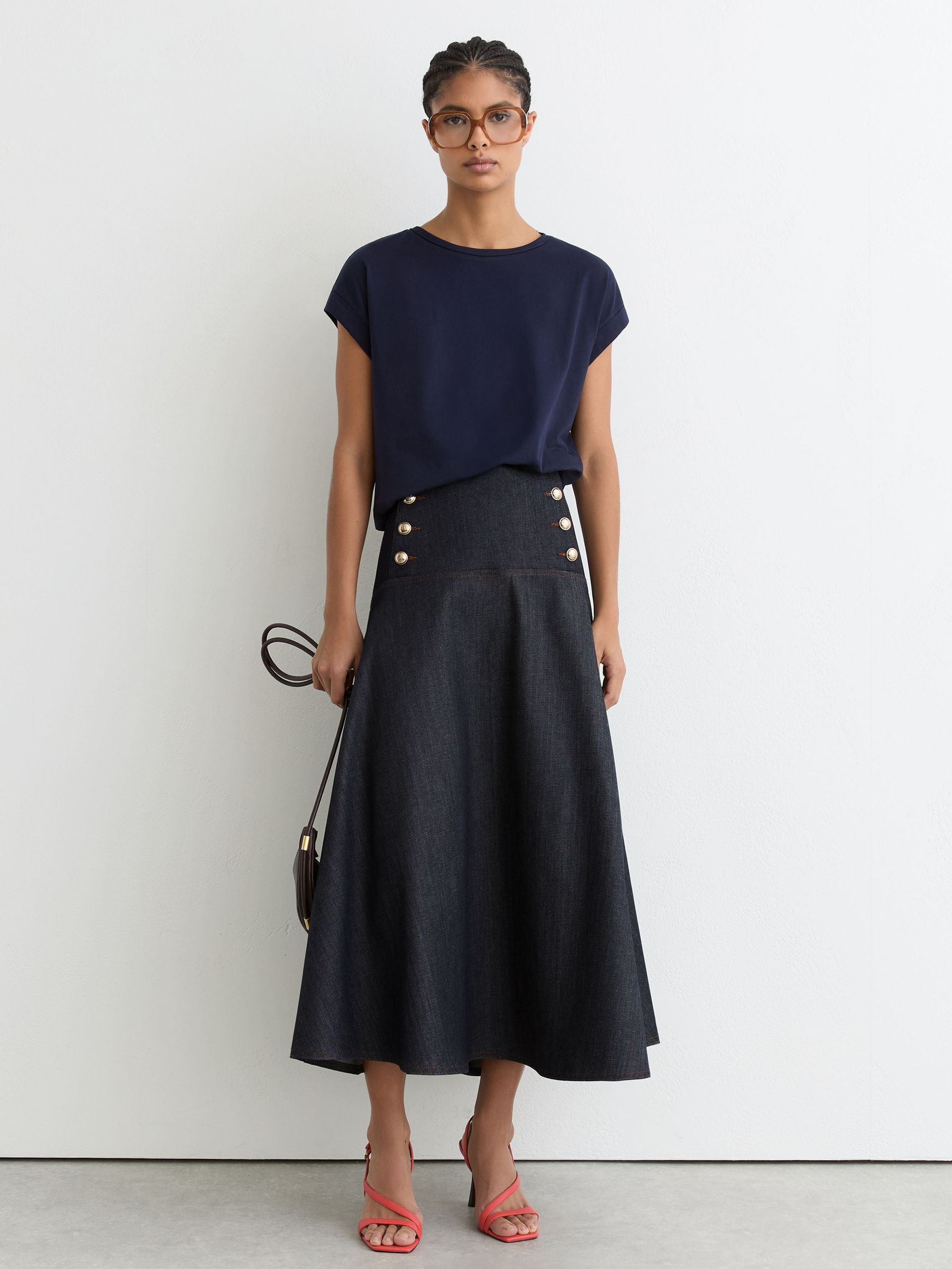Petite Button-Detail Denim Midi Skirt in Dark Blue - image 2