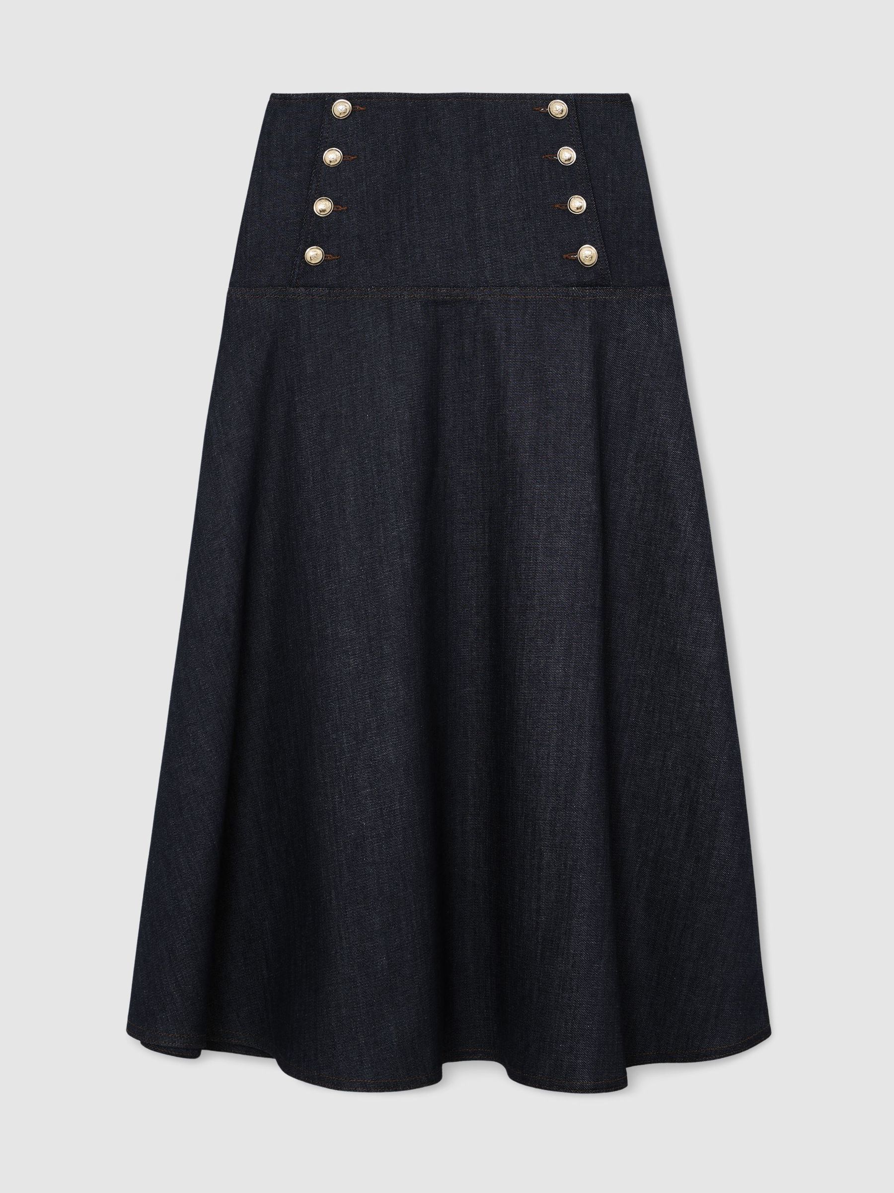 Petite Button-Detail Denim Midi Skirt in Dark Blue - Image 2 of 7