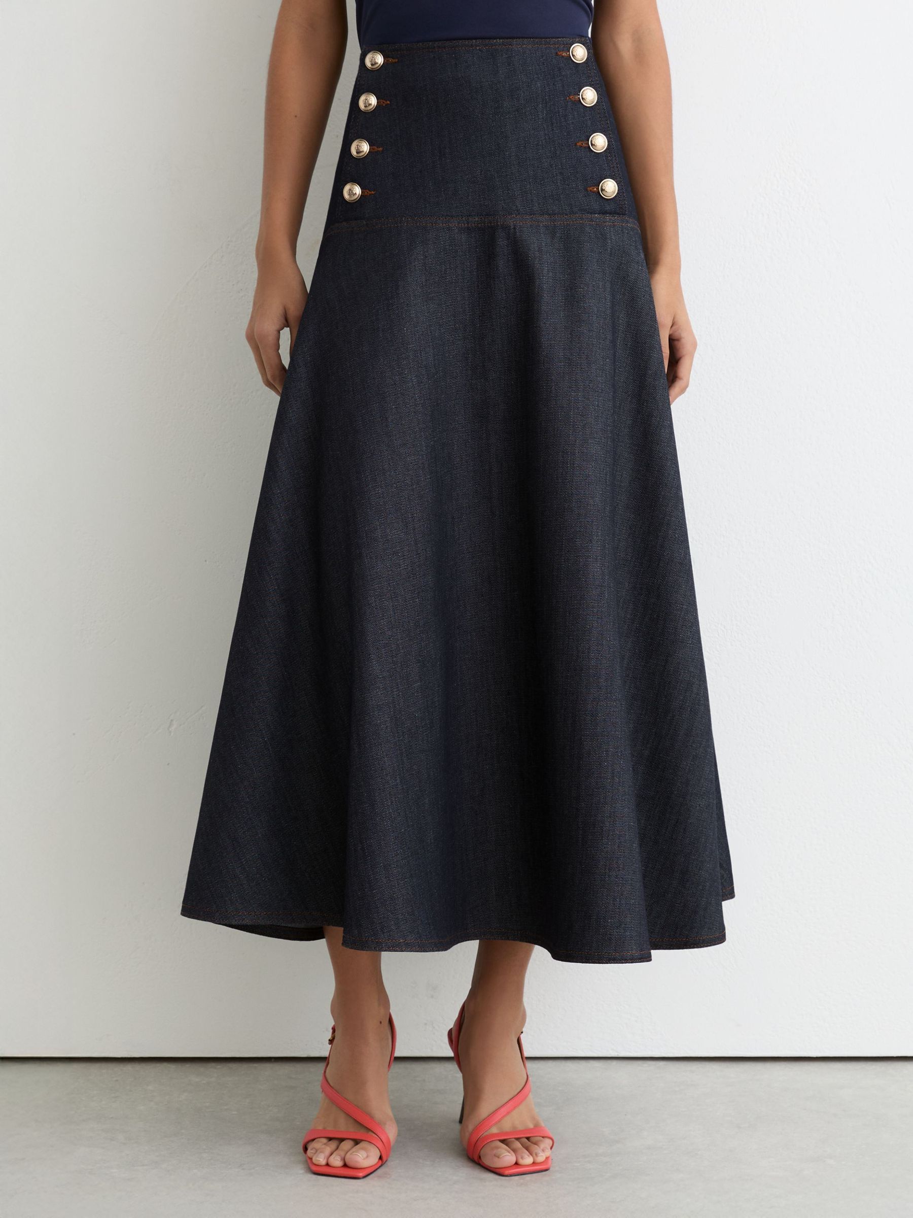Petite Button-Detail Denim Midi Skirt in Dark Blue - Image 3 of 7