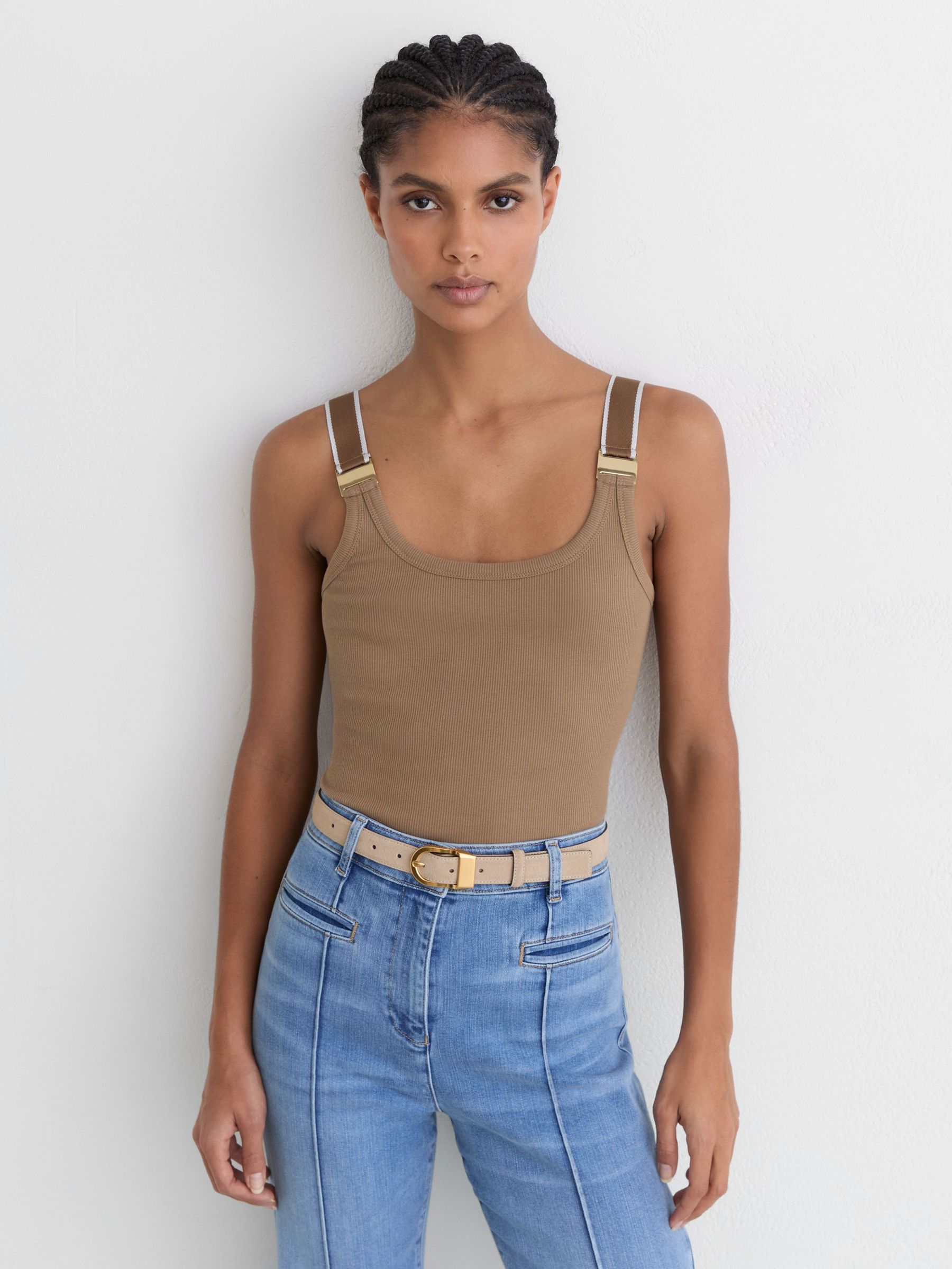 Stretch-Cotton Hardware-Detail Vest in Camel/Ivory - Image 1 of 6