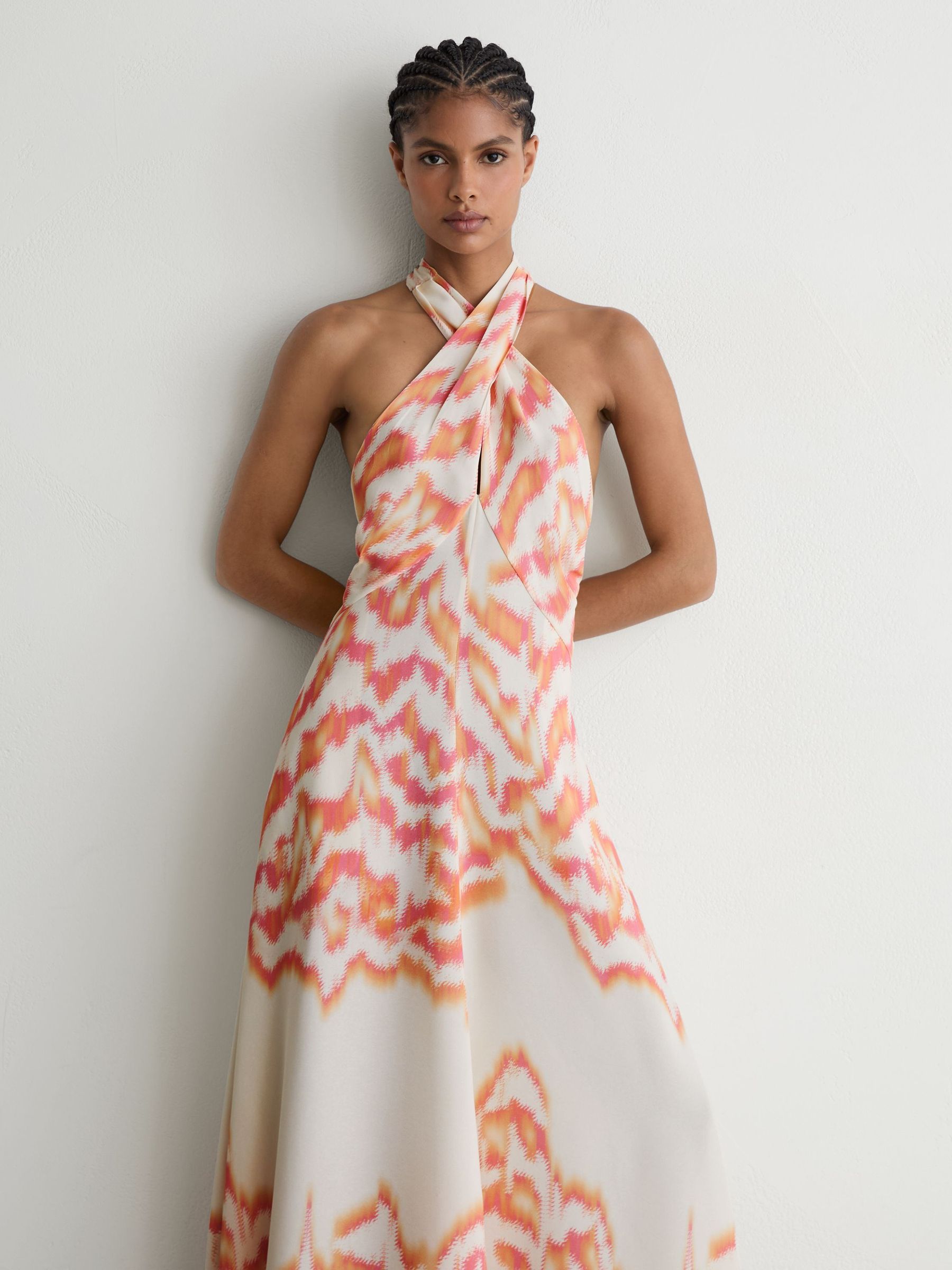 Printed Halterneck Maxi Dress in Coral Orange - Image 1 of 7