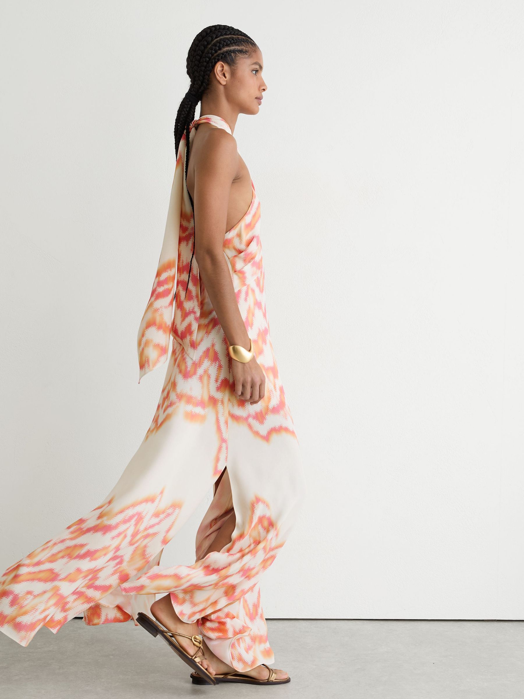 Printed Halterneck Maxi Dress in Coral Orange - Image 3 of 7