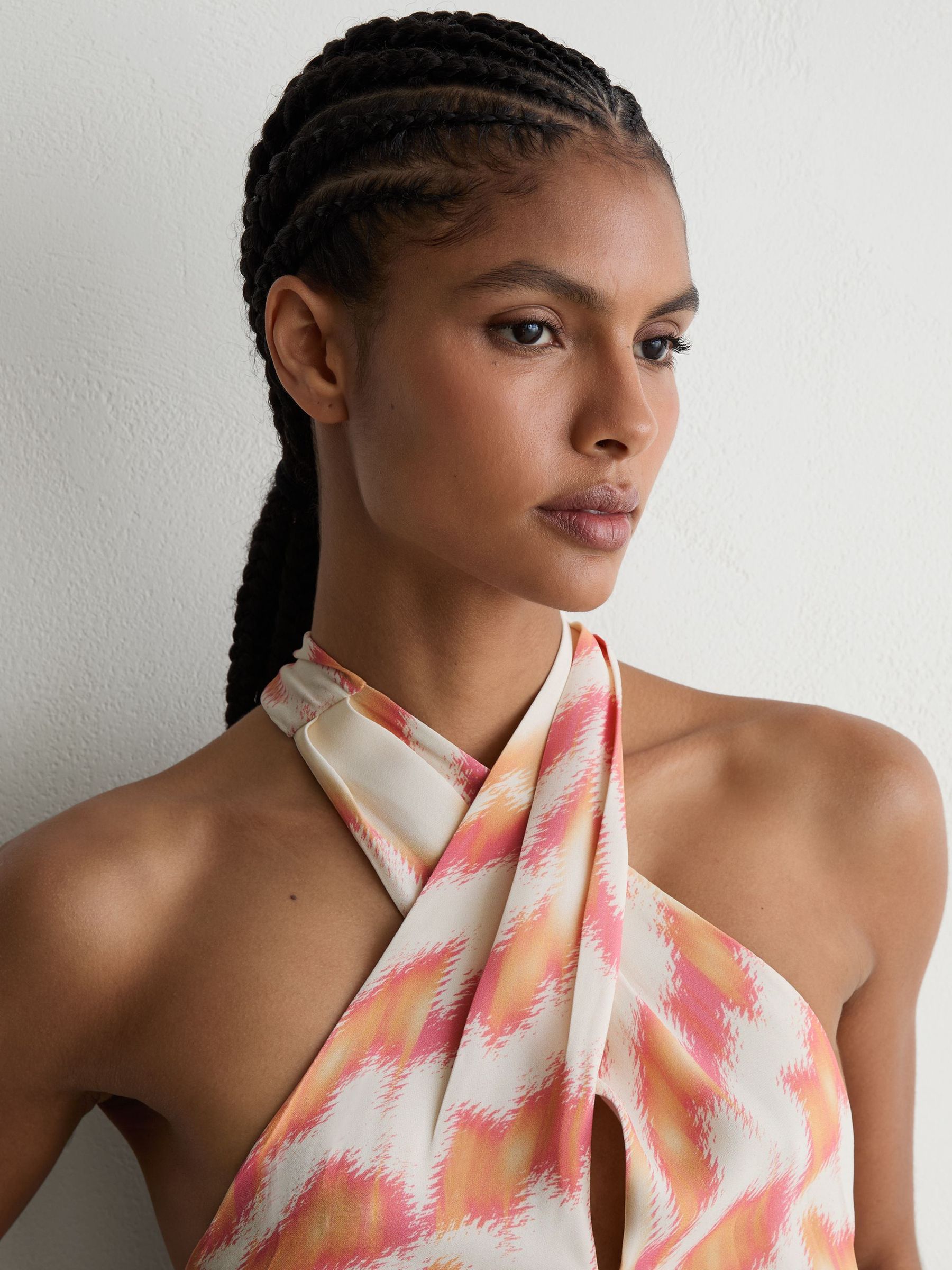 Printed Halterneck Maxi Dress in Coral Orange - Image 4 of 7