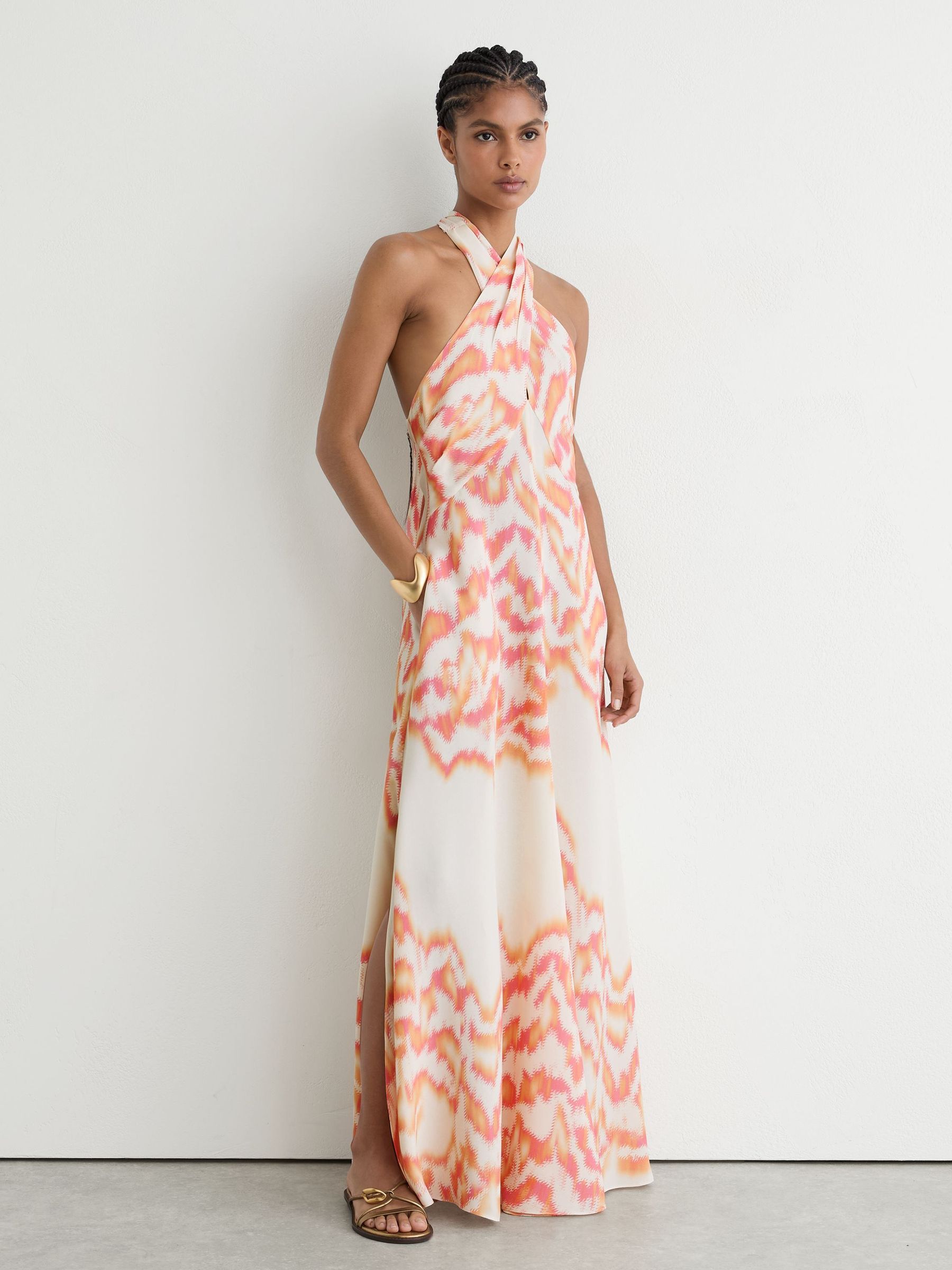 Printed Halterneck Maxi Dress in Coral Orange - Image 5 of 7