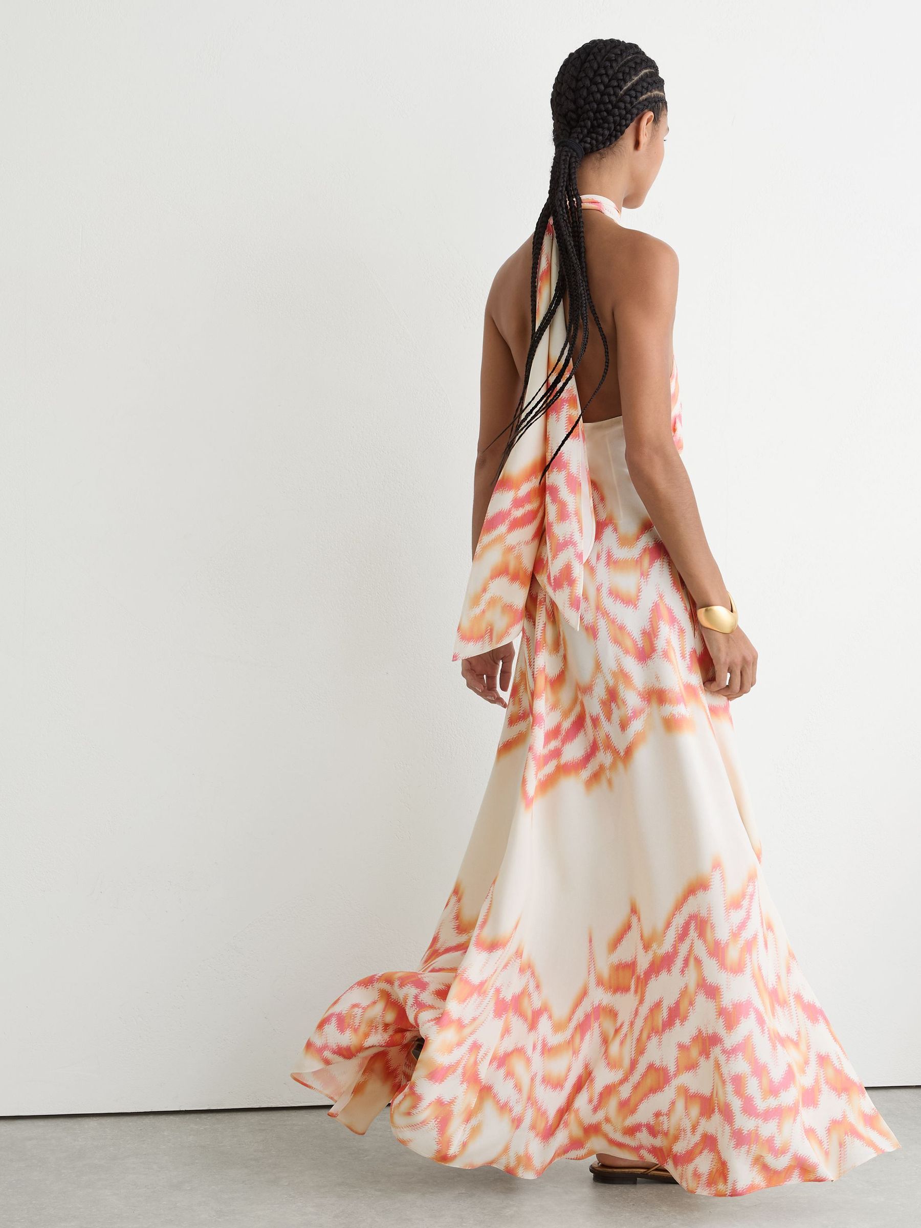 Printed Halterneck Maxi Dress in Coral Orange - Image 6 of 7