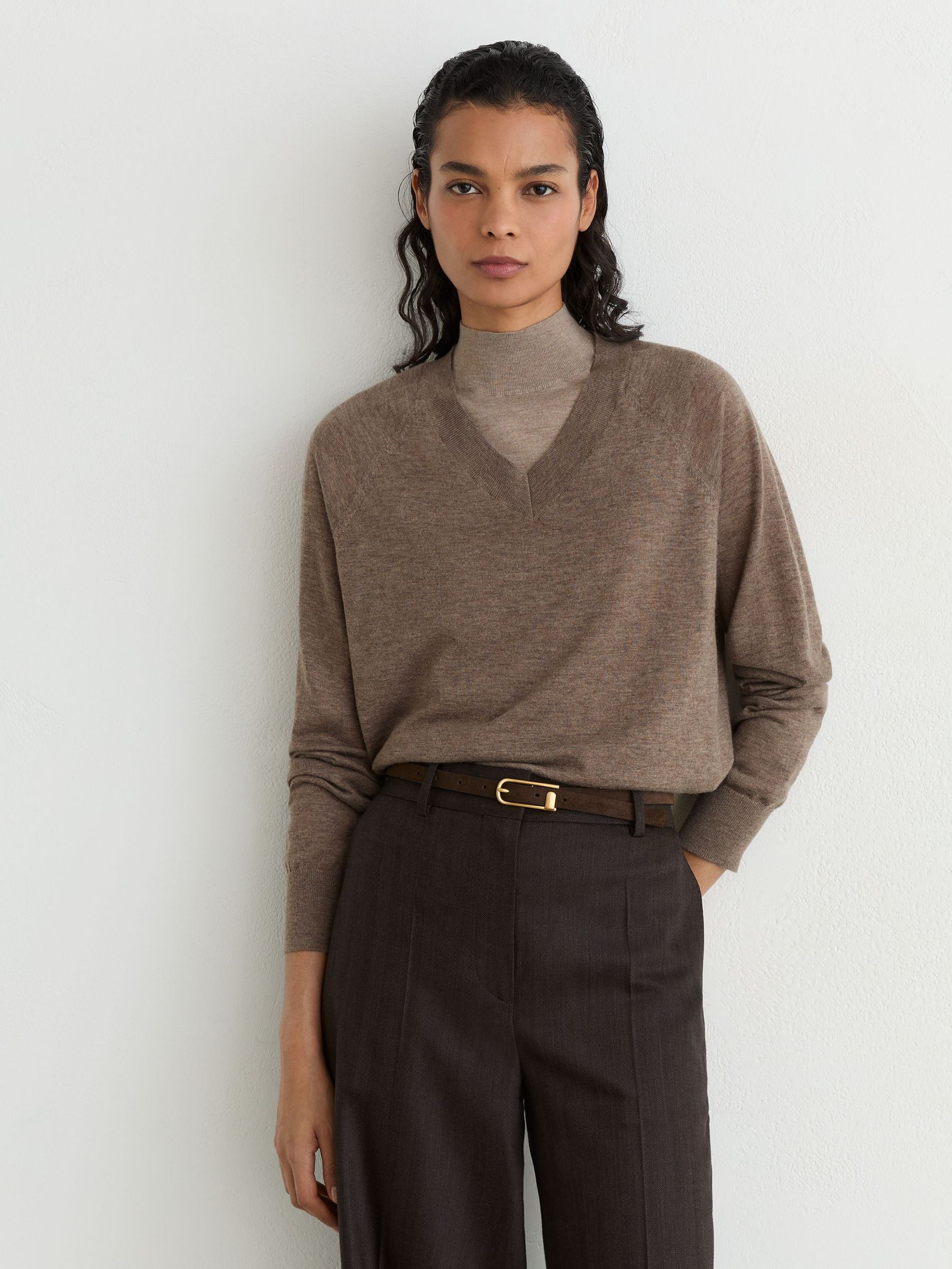Merino Wool V-Neck Jumper in Mocha Brown - Image 1 of 6 Merino Wool V-Neck Jumper in Mocha Brown - Image 1 of 6