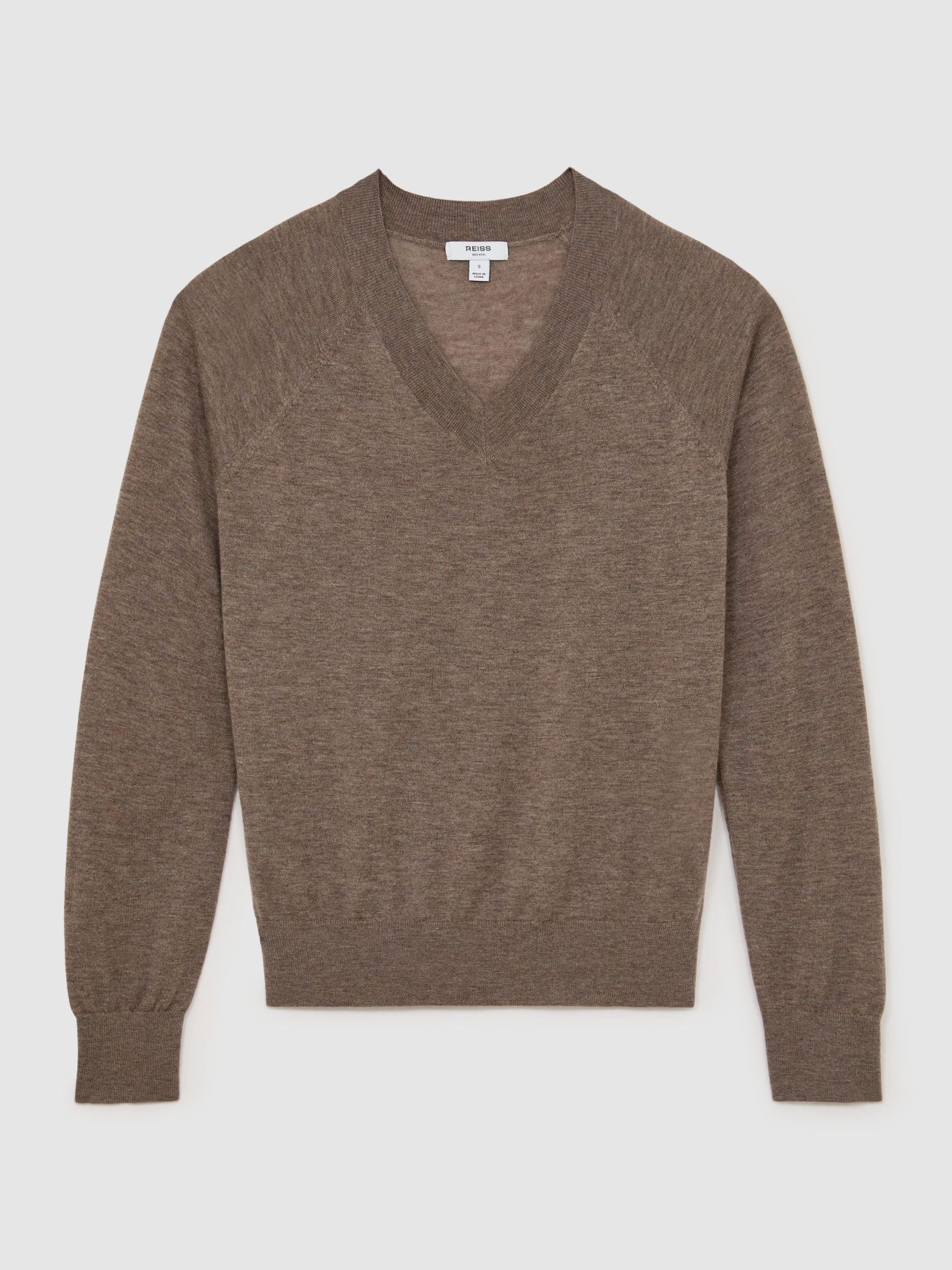Merino Wool V-Neck Jumper in Mocha Brown - Image 2 of 6
