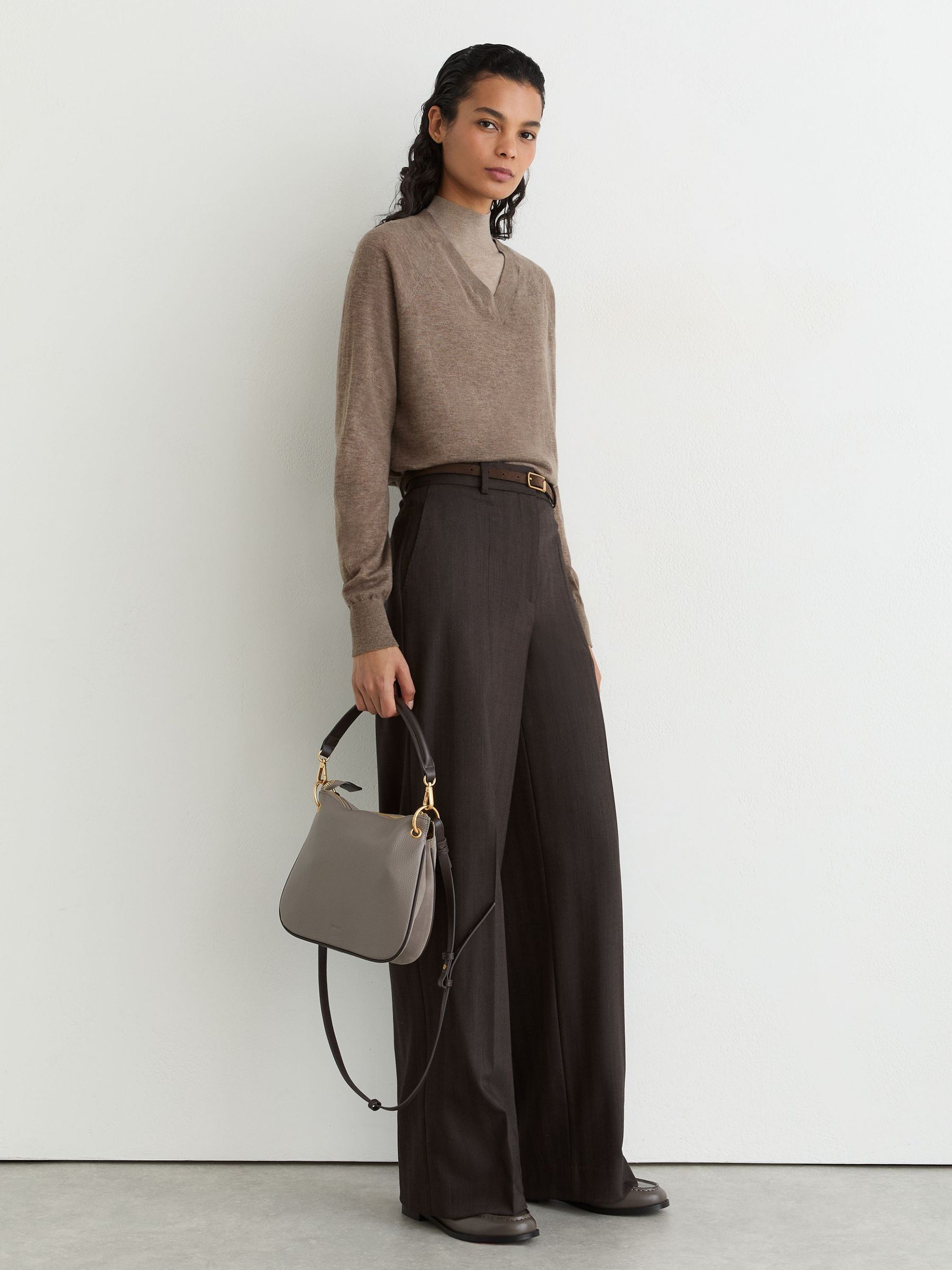 Merino Wool V-Neck Jumper in Mocha Brown - Image 3 of 6