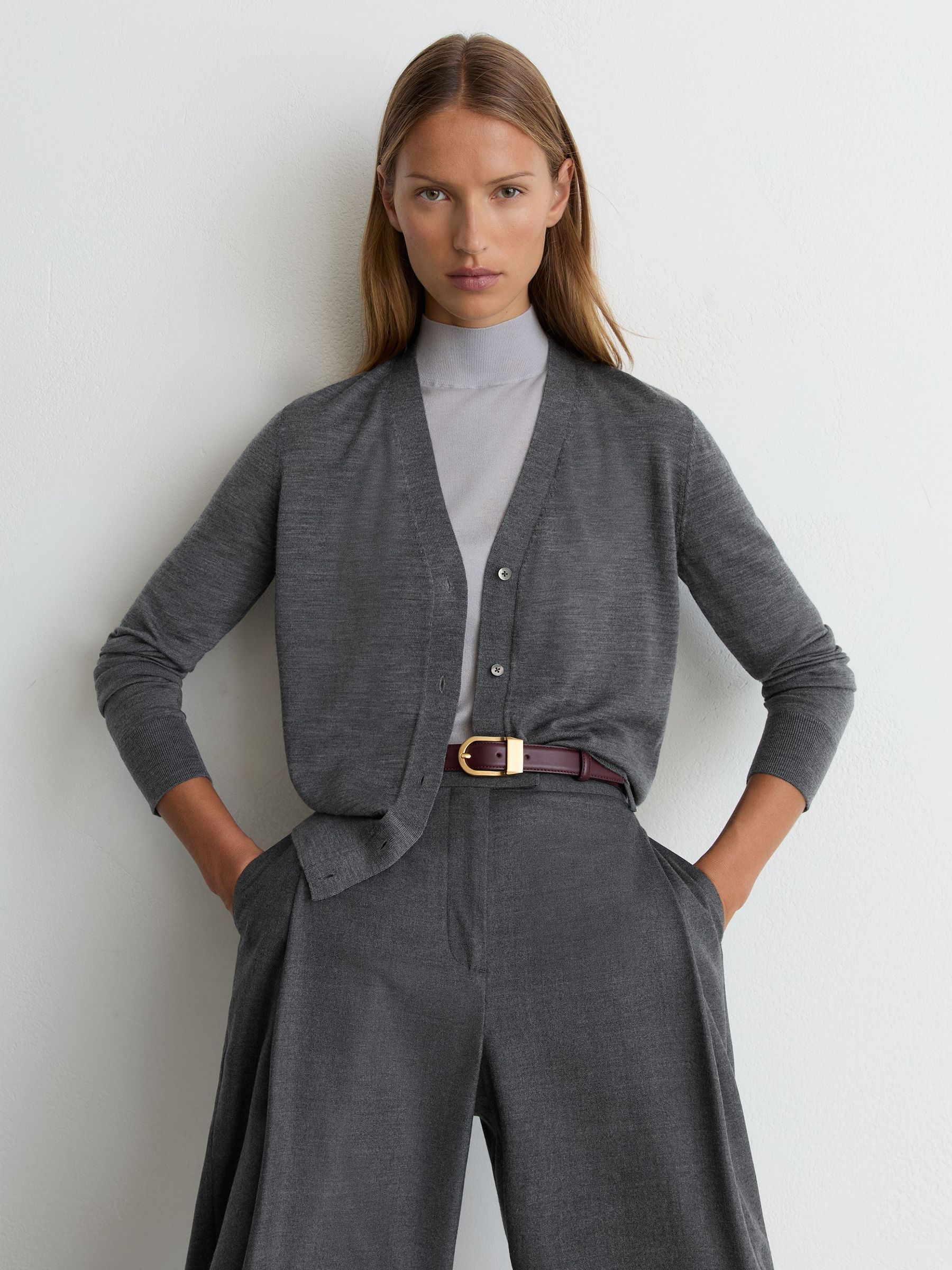 Merino Wool V-Neck Cardigan in Charcoal Grey - Image 1 of 6