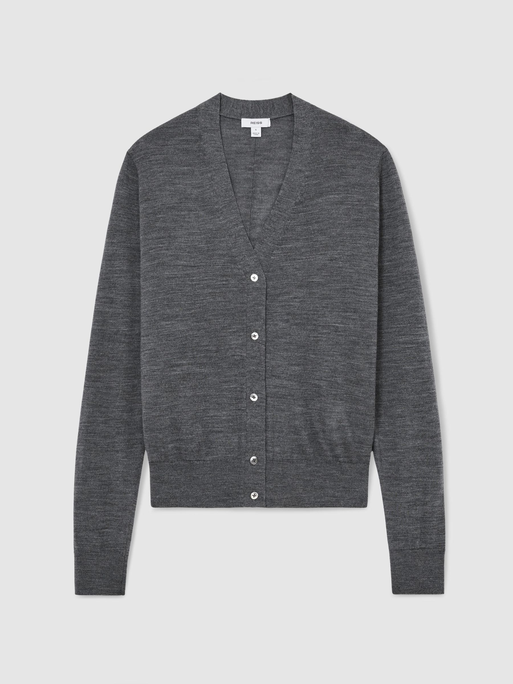 Merino Wool V-Neck Cardigan in Charcoal Grey - Image 2 of 6 Merino Wool V-Neck Cardigan in Charcoal Grey - Image 2 of 6