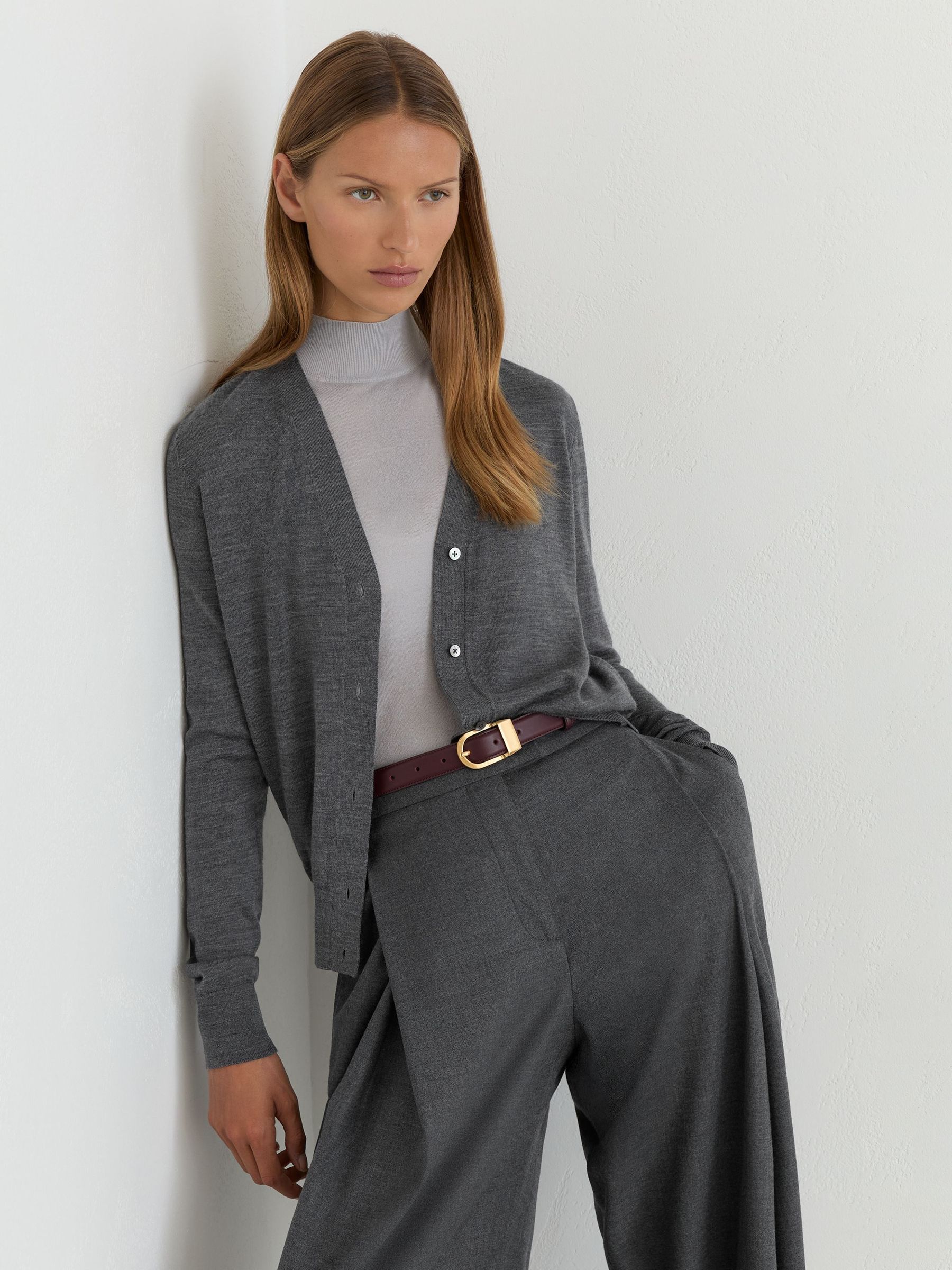 Merino Wool V-Neck Cardigan in Charcoal Grey - Image 3 of 6