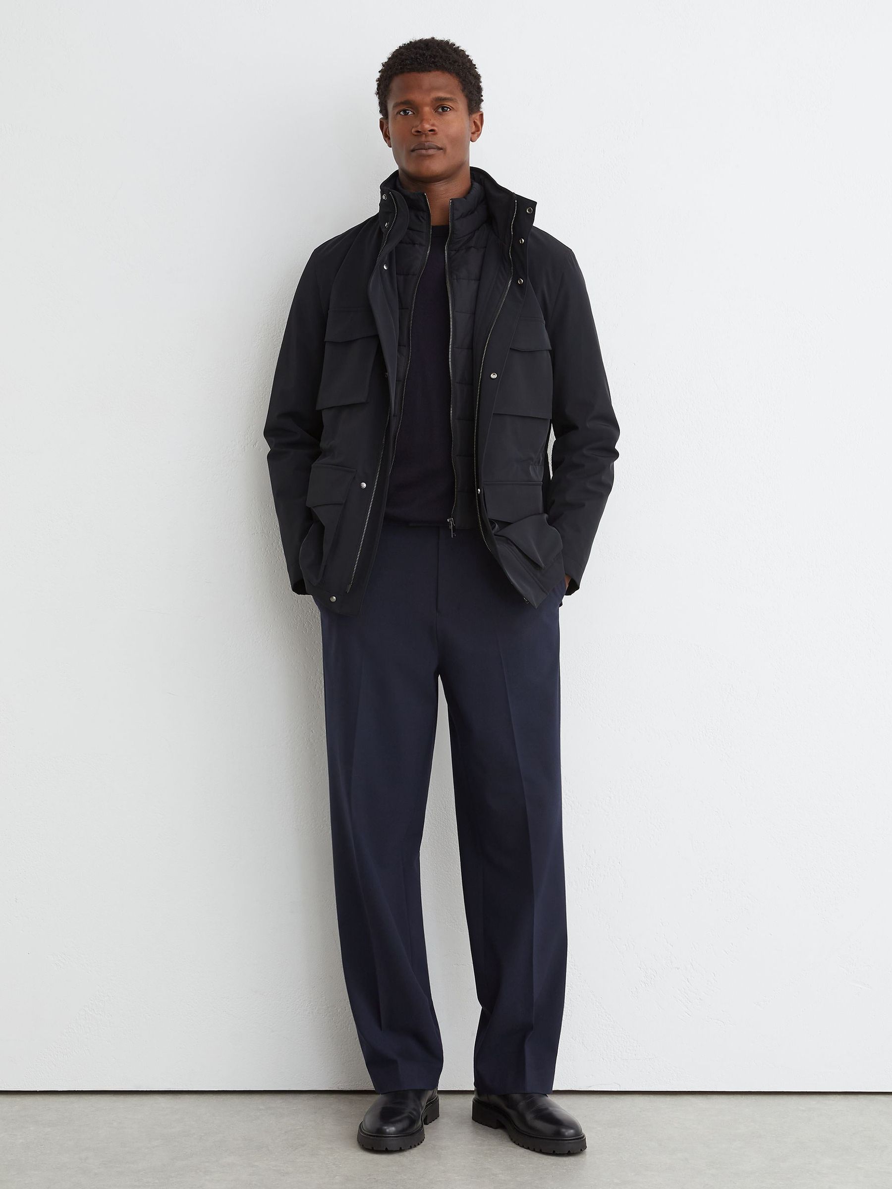 Four-Pocket Hooded Jacket with Removable Gilet in Navy - Image 1 of 8