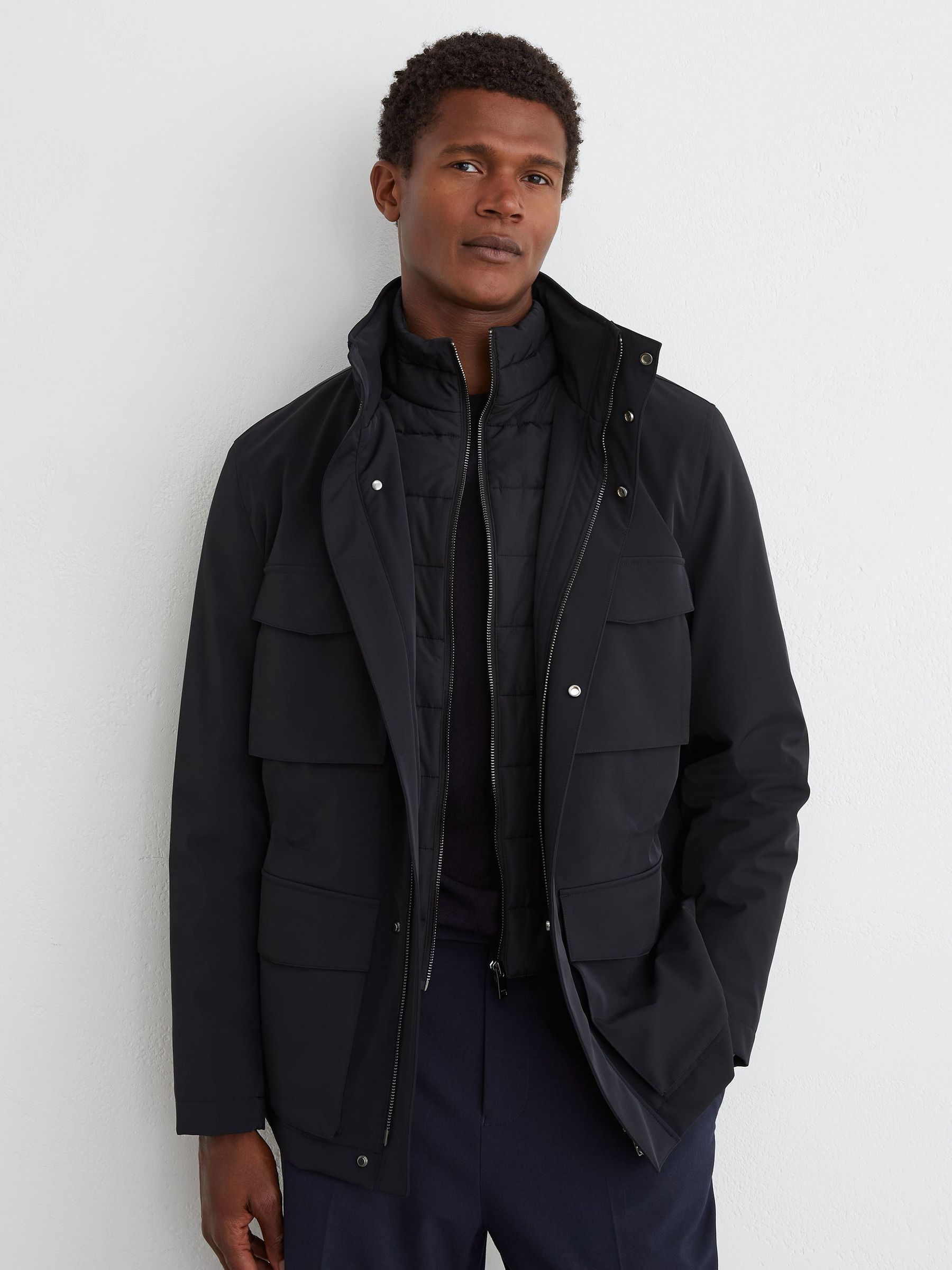 Four-Pocket Hooded Jacket with Removable Gilet in Navy - Image 3 of 8