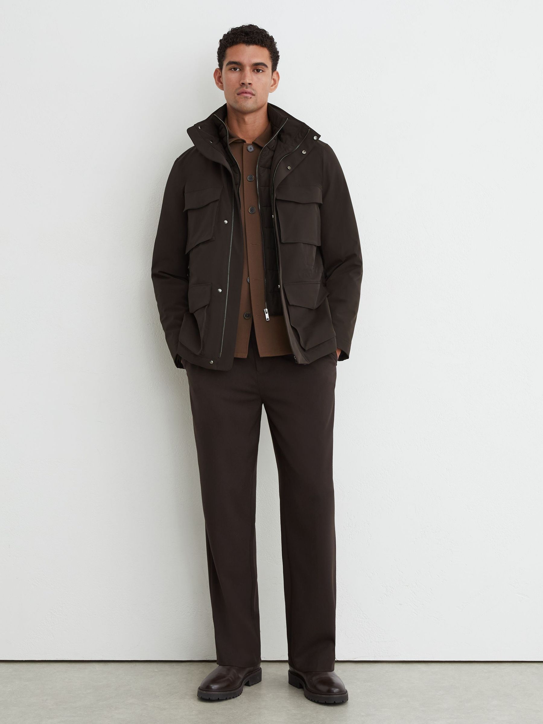 Four-Pocket Hooded Jacket with Removable Gilet in Dark Brown - Image 3 of 6