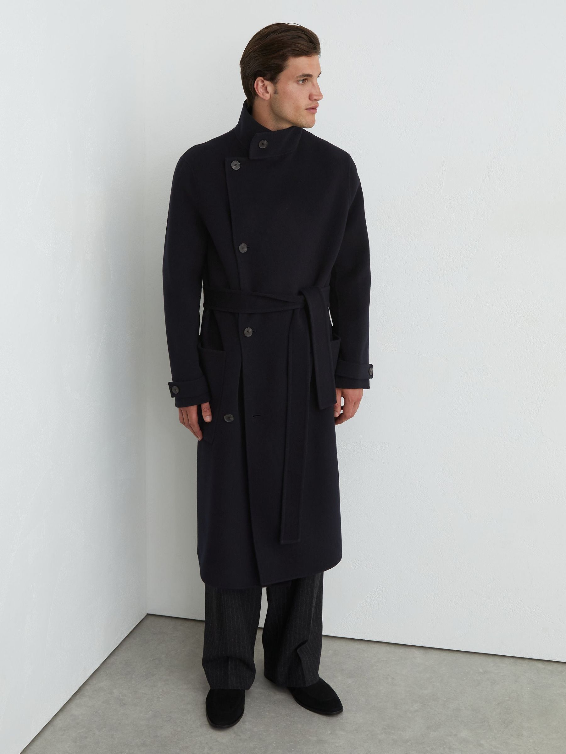 Wool-Blend Blindseam Belted Overcoat in Navy - Image 9 of 11