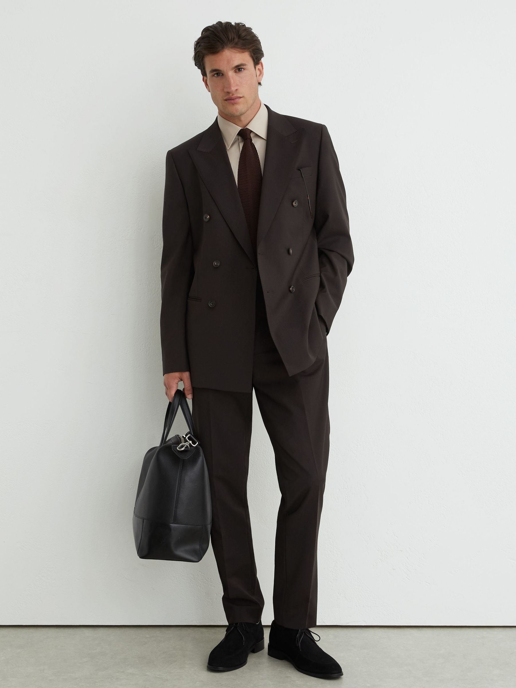 Wool-Blend Double-Breasted Suit Blazer Tailored-Fit in Chocolate Brown - Image 3 of 7