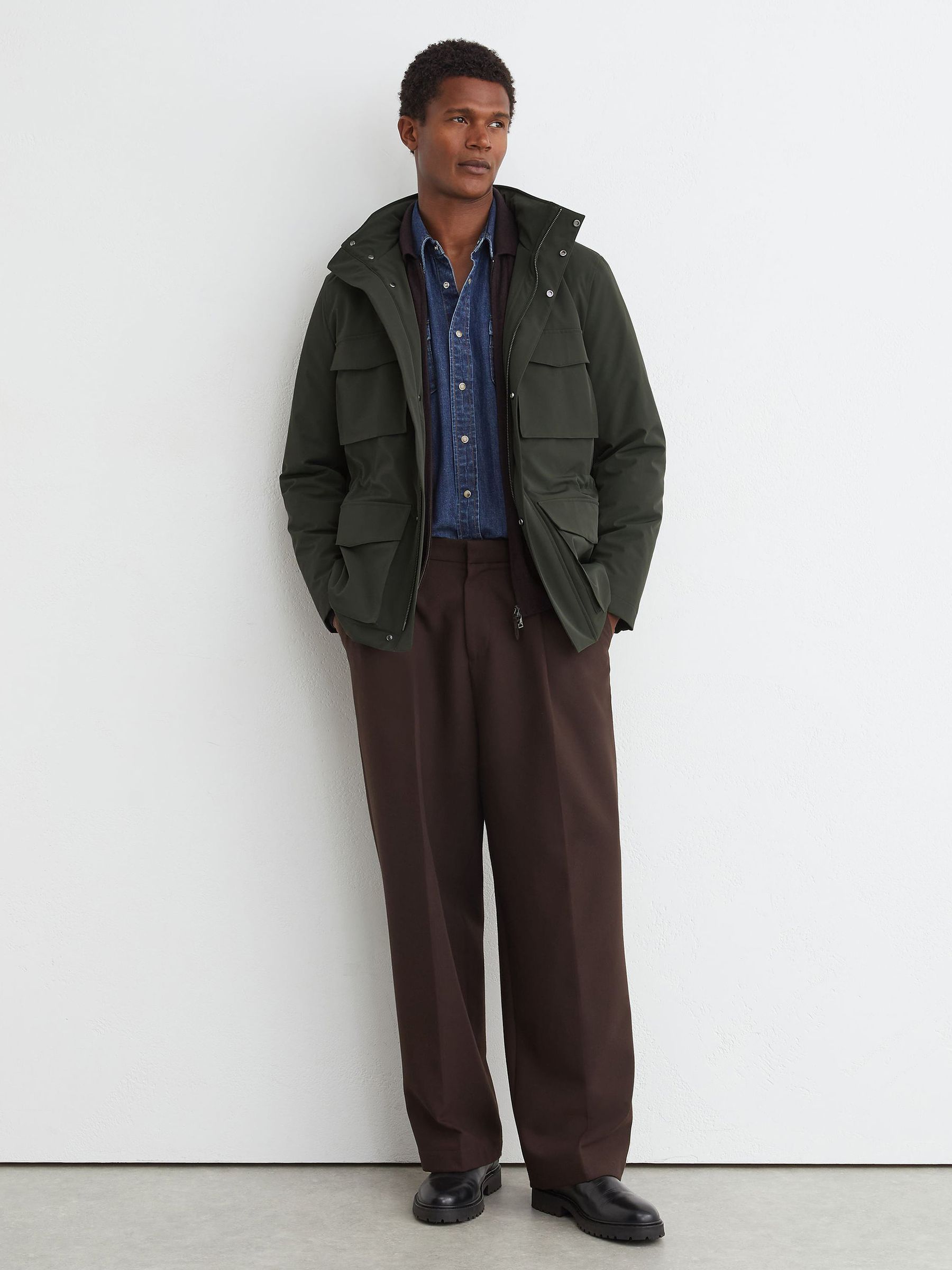 Four-Pocket Hooded Jacket with Removable Gilet in Dark Green - Image 1 of 8