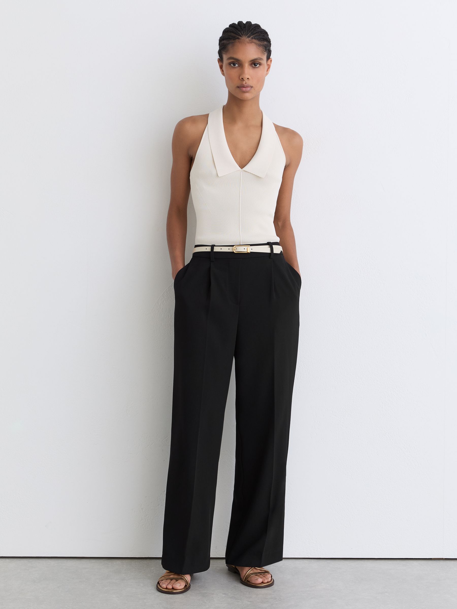 Tall Elasticated-Waist Wide-Leg Twill Trousers in Black - Image 1 of 9