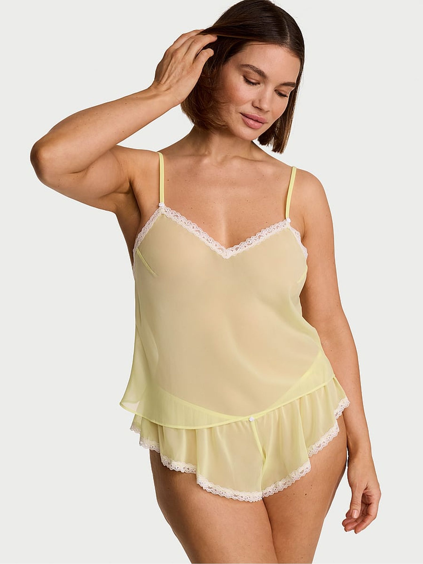 Lemonade Yellow Chiffon Lace Trim Cami Flutter Shorts Set - Image 1 of 2