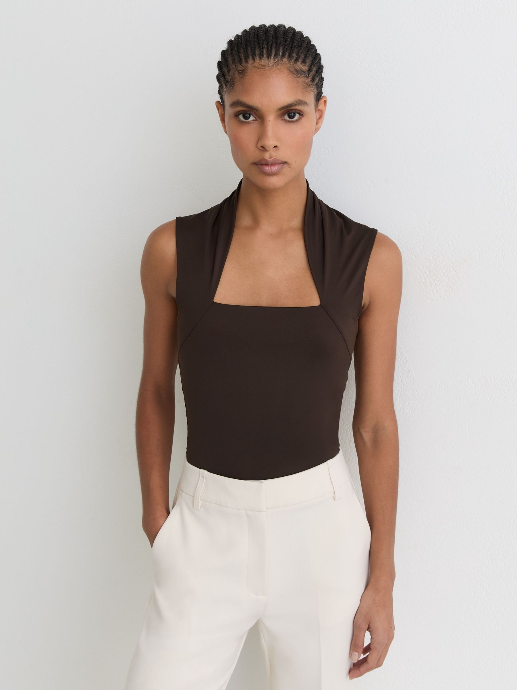 Square-Neck Ruched Sleeveless Top in Chocolate Brown - Image 4 of 6