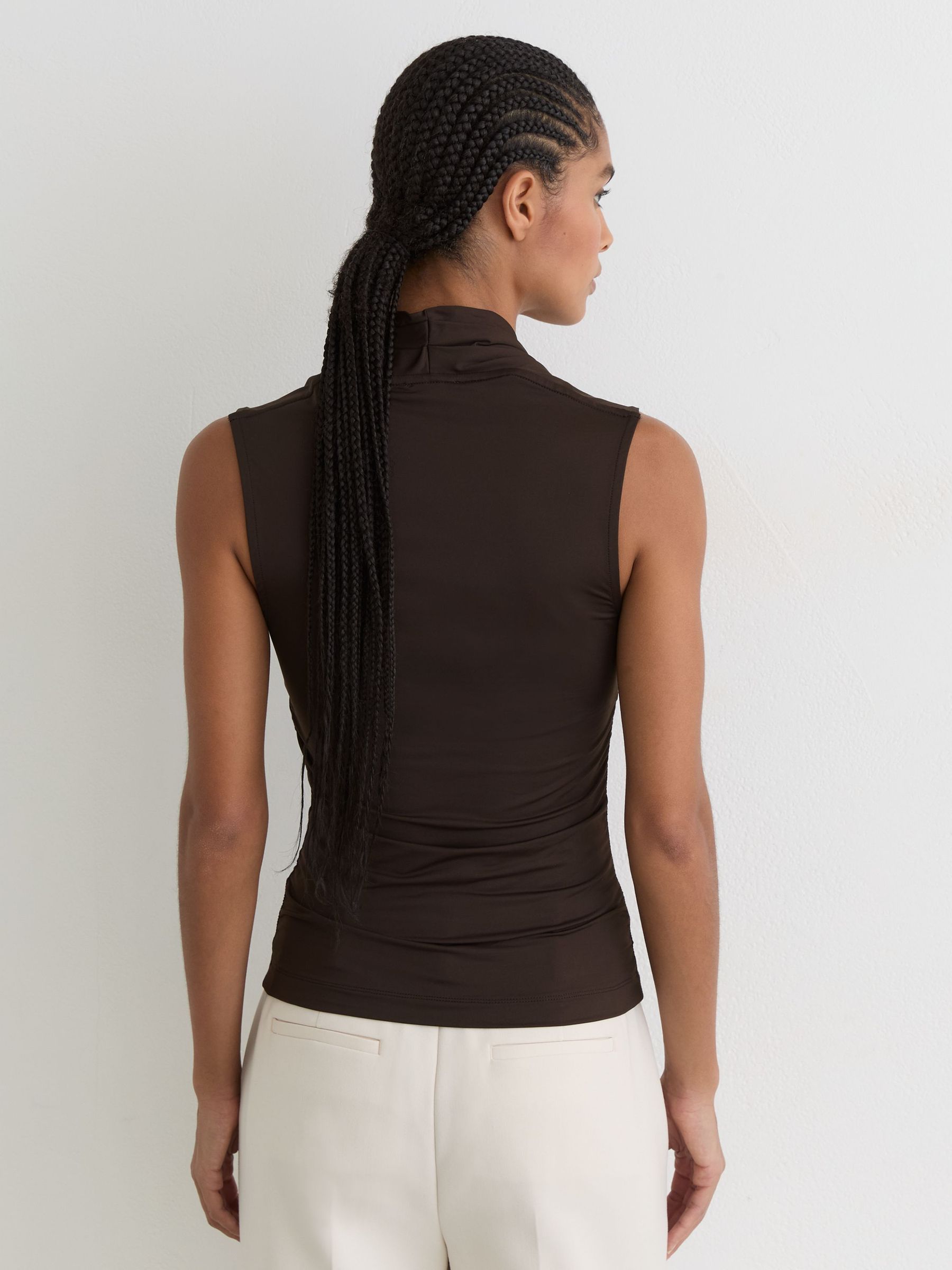 Square-Neck Ruched Sleeveless Top in Chocolate Brown - Image 5 of 6