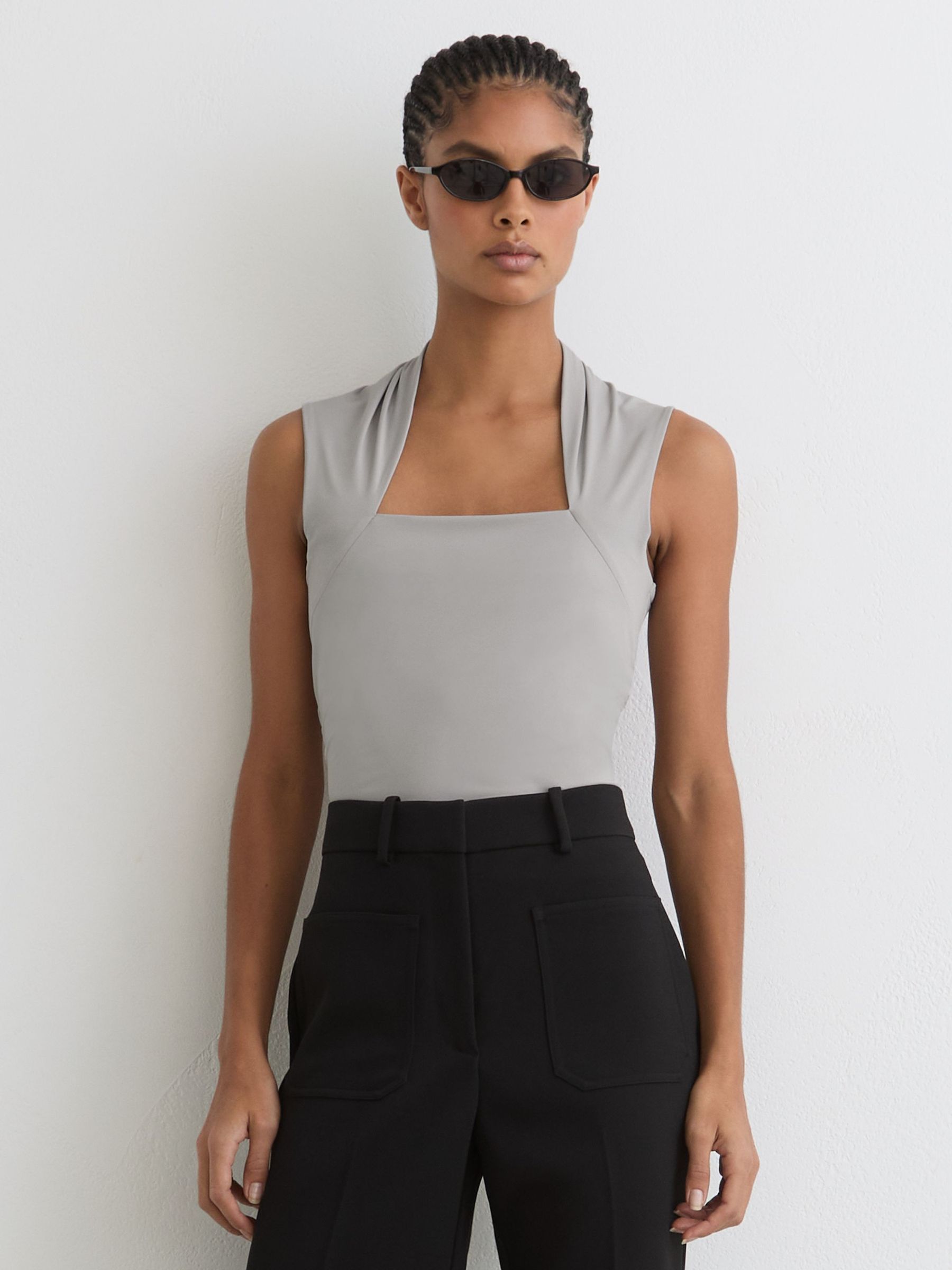 Square-Neck Ruched Sleeveless Top in Grey - Image 1 of 6
