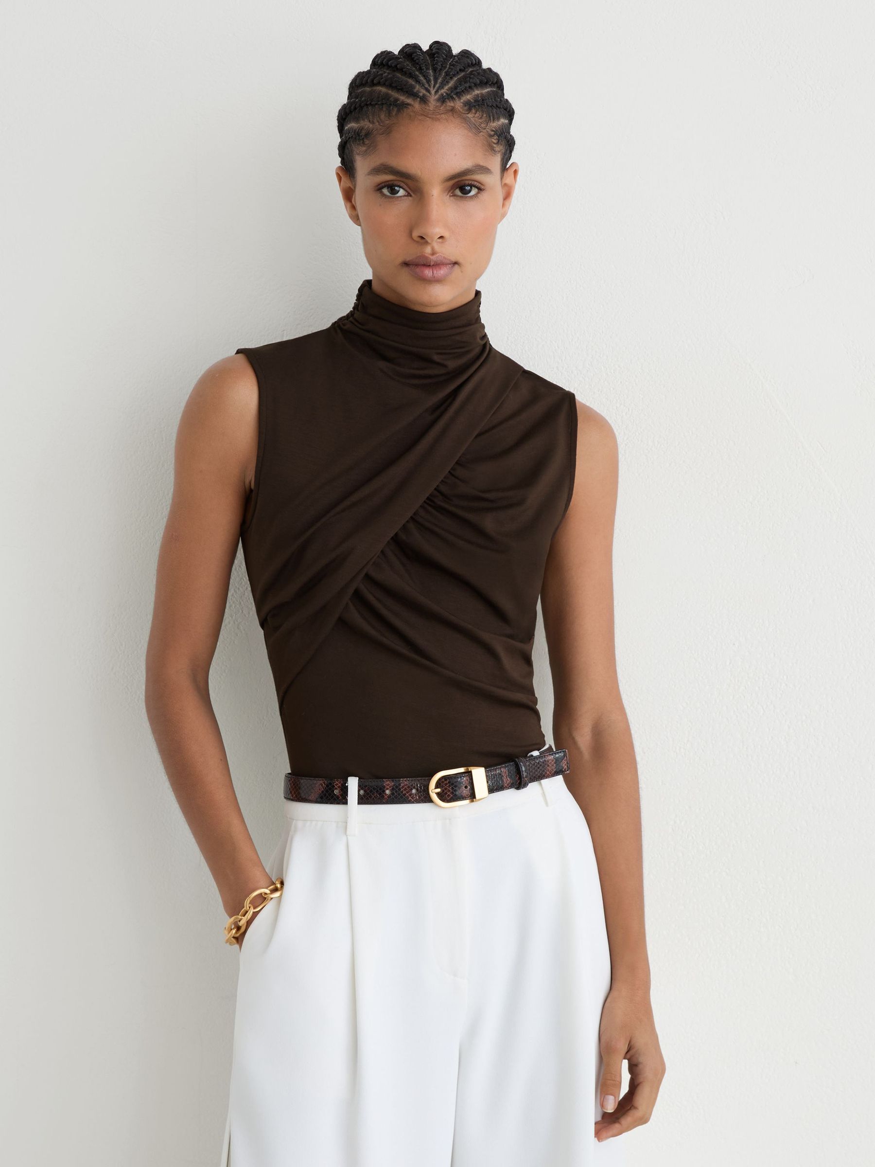 Ruched High-Neck Top in Chocolate Brown - Image 1 of 6