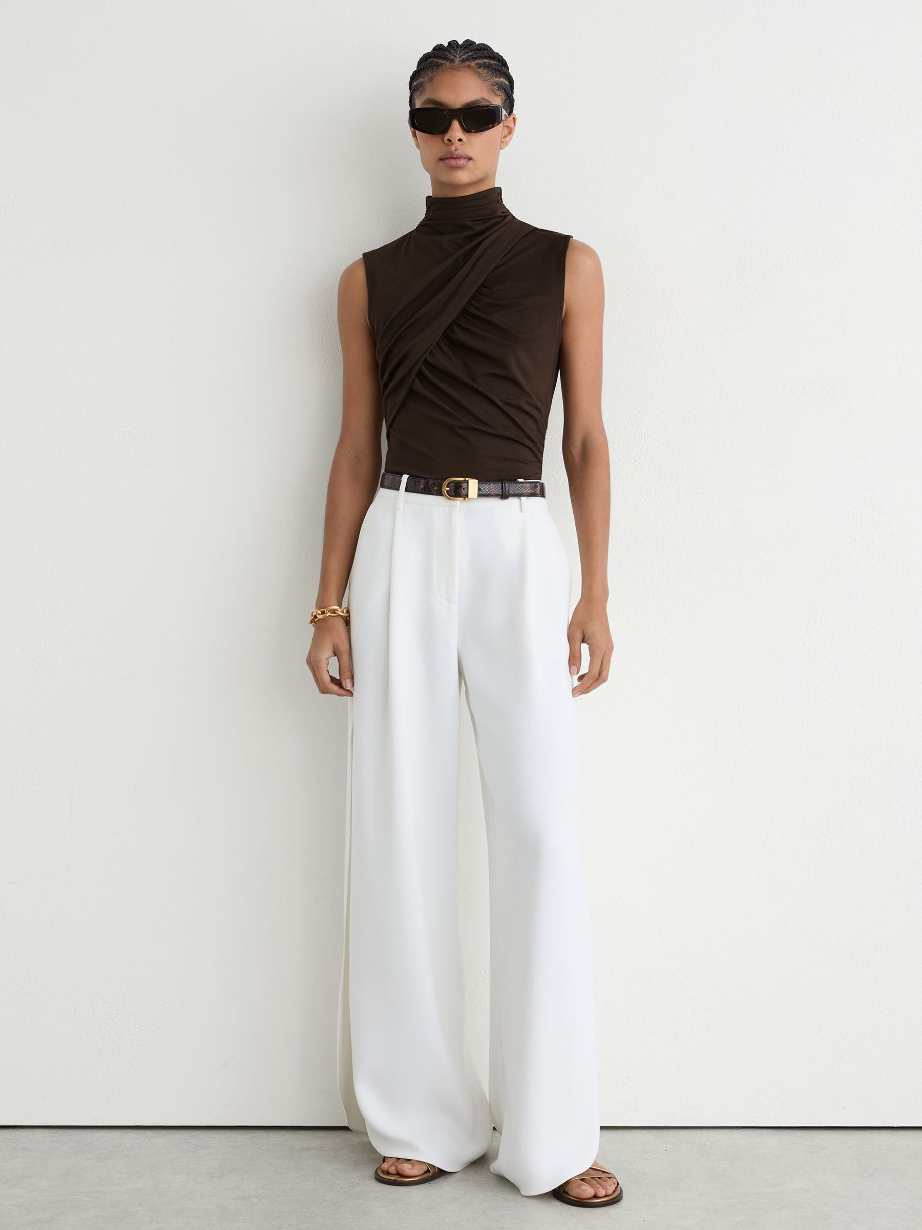 Ruched High-Neck Top in Chocolate Brown - Image 3 of 6