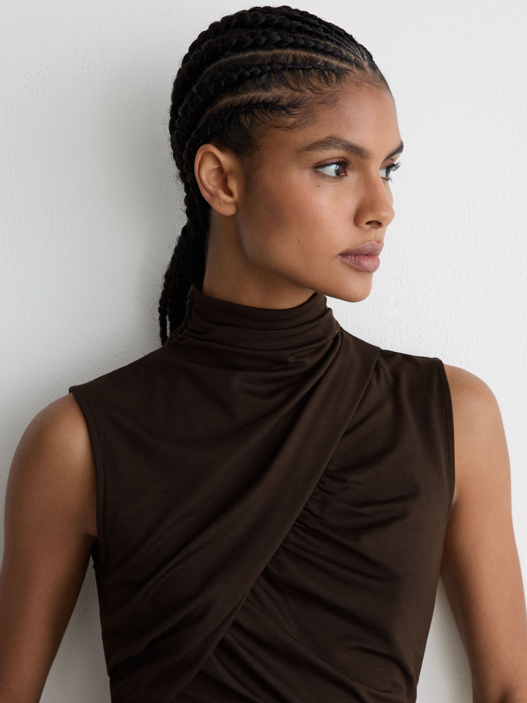 Ruched High-Neck Top in Chocolate Brown - Image 4 of 6