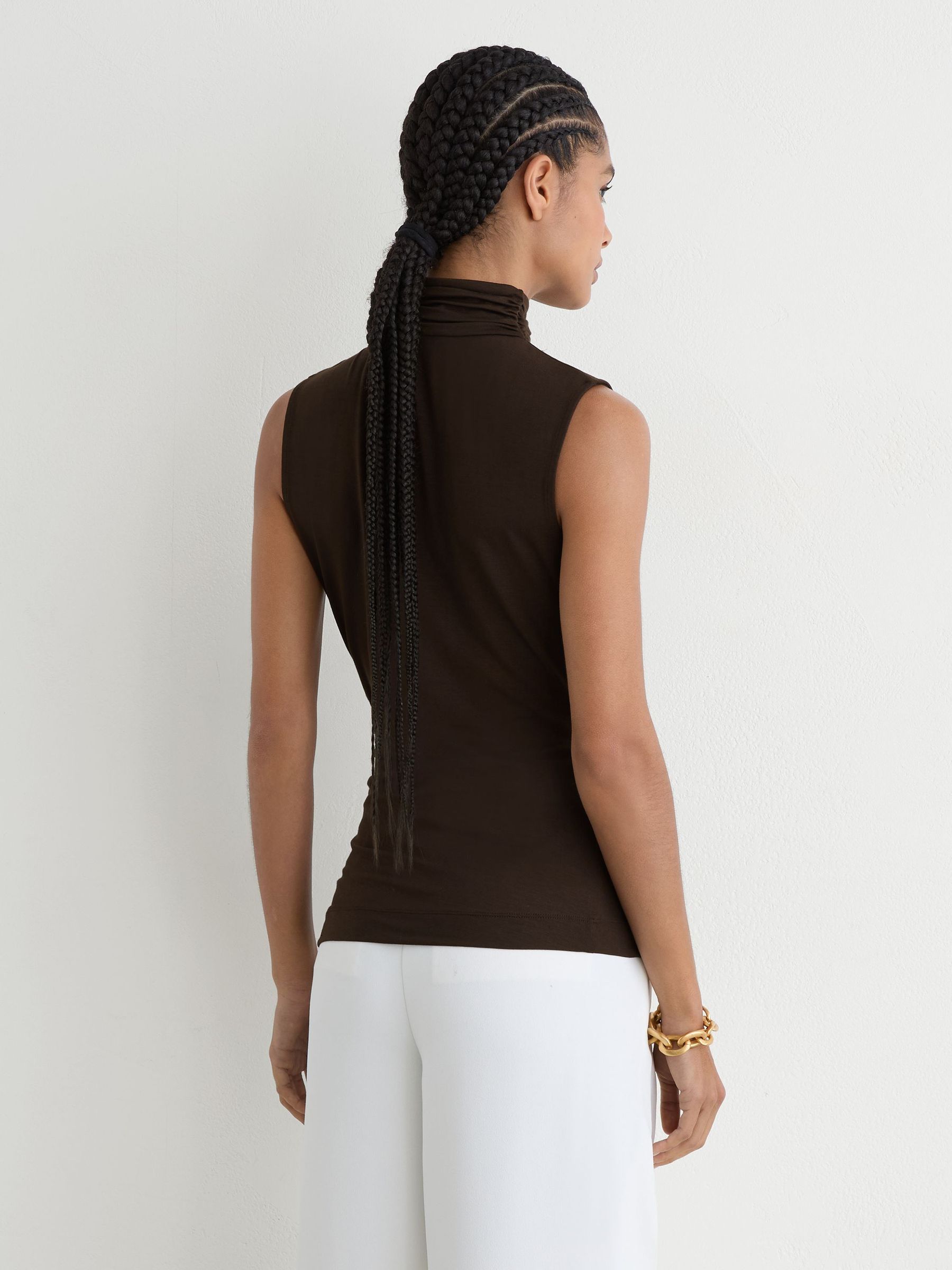 Ruched High-Neck Top in Chocolate Brown - Image 5 of 6