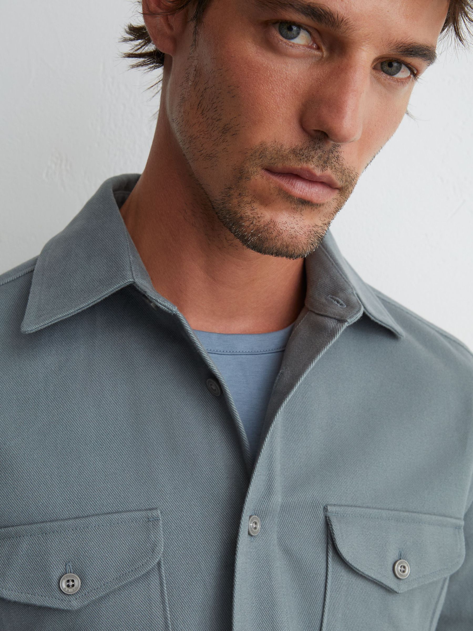 Cotton-Twill Twin-Pocket Regular-Fit Shirt in Airforce Blue - Image 1 of 8 Cotton-Twill Twin-Pocket Regular-Fit Shirt in Airforce Blue - Image 1 of 8