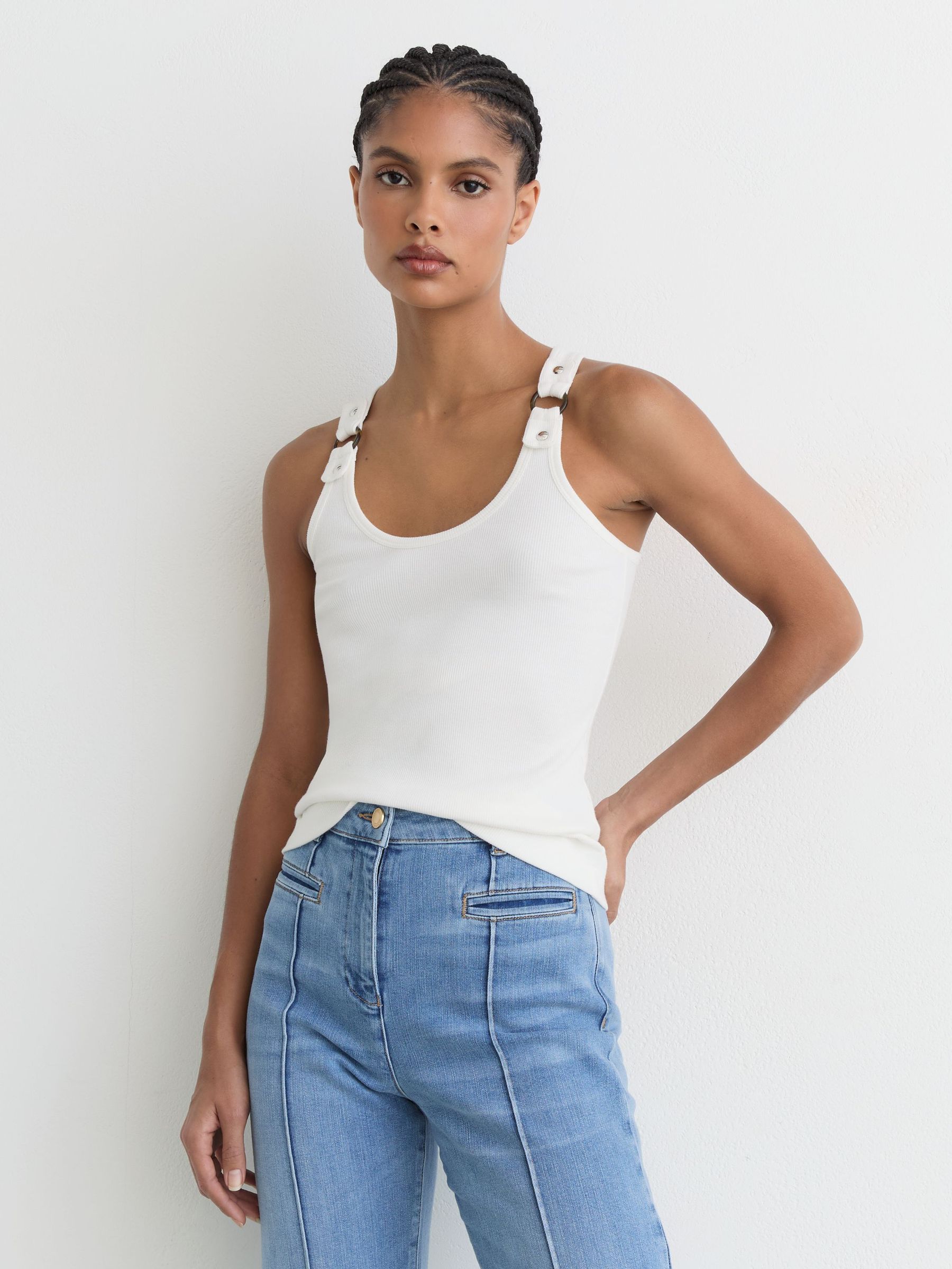 Stretch-Cotton Hardware-Detail Vest in White - Image 1 of 6 Stretch-Cotton Hardware-Detail Vest in White - Image 1 of 6