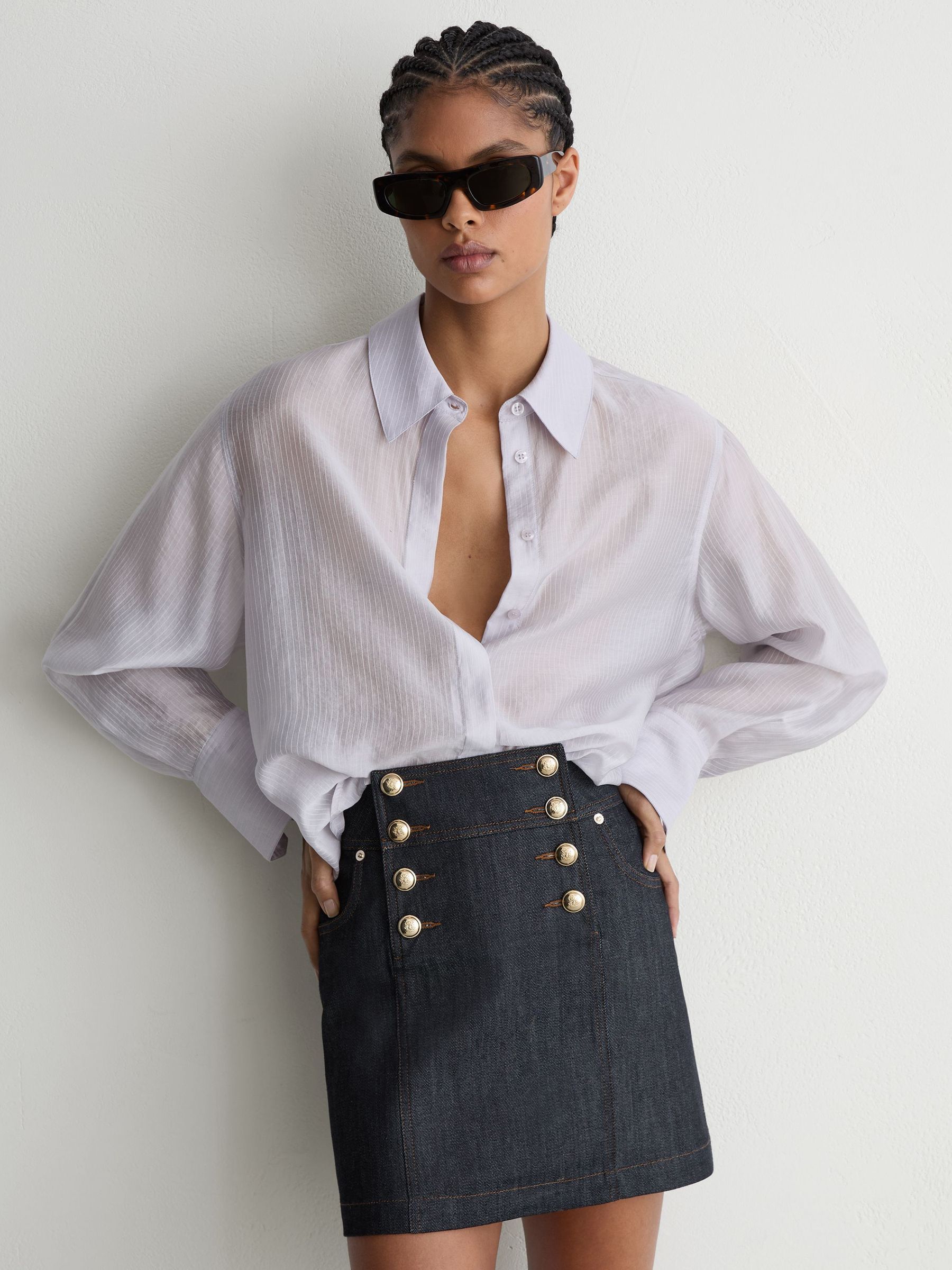 Button-Detail Denim Mini Skirt in Dark Blue - Image 1 of 7 Button-Detail Denim Mini Skirt in Dark Blue - Image 1 of 7