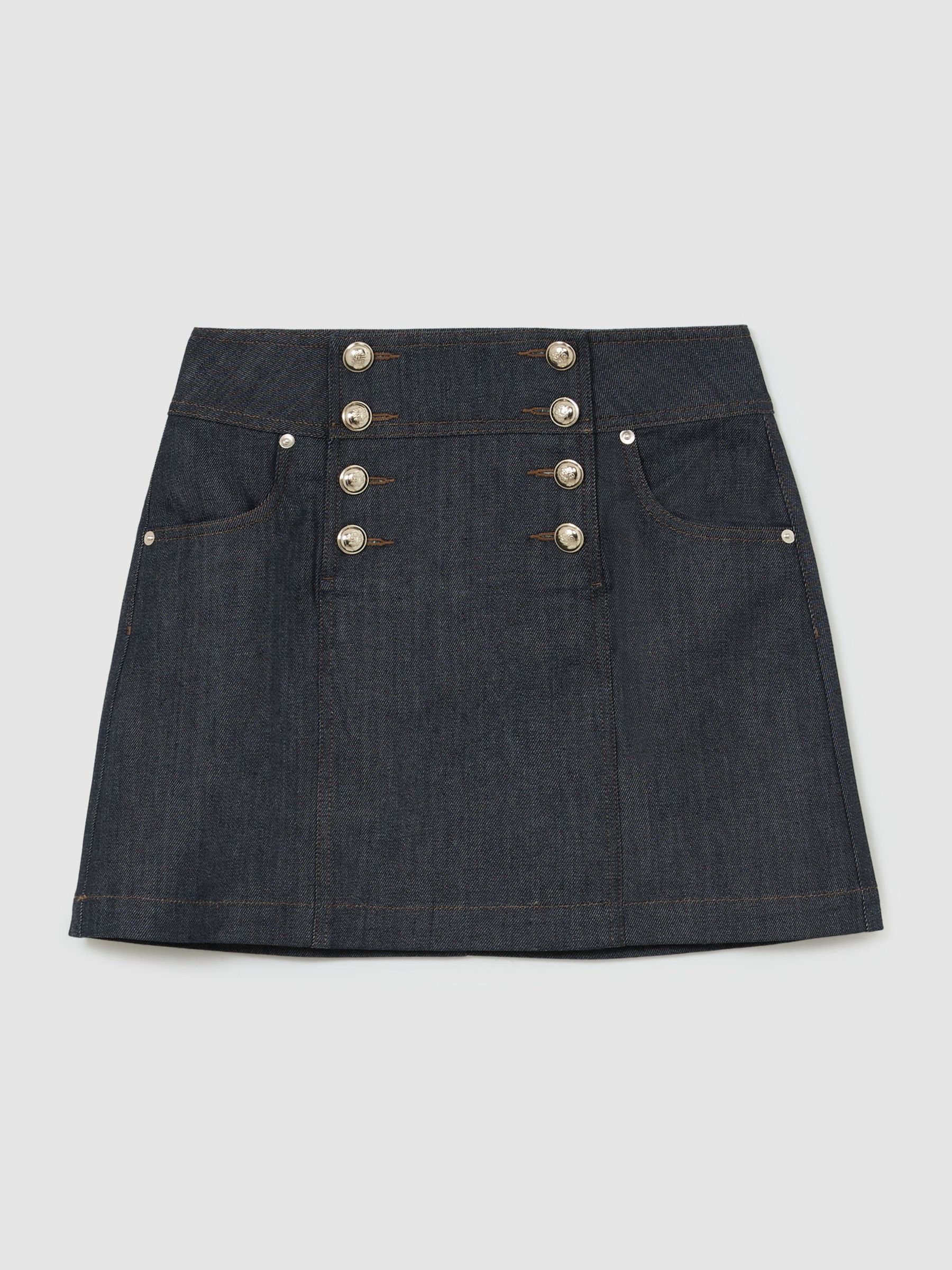 Button-Detail Denim Mini Skirt in Dark Blue - Image 2 of 7