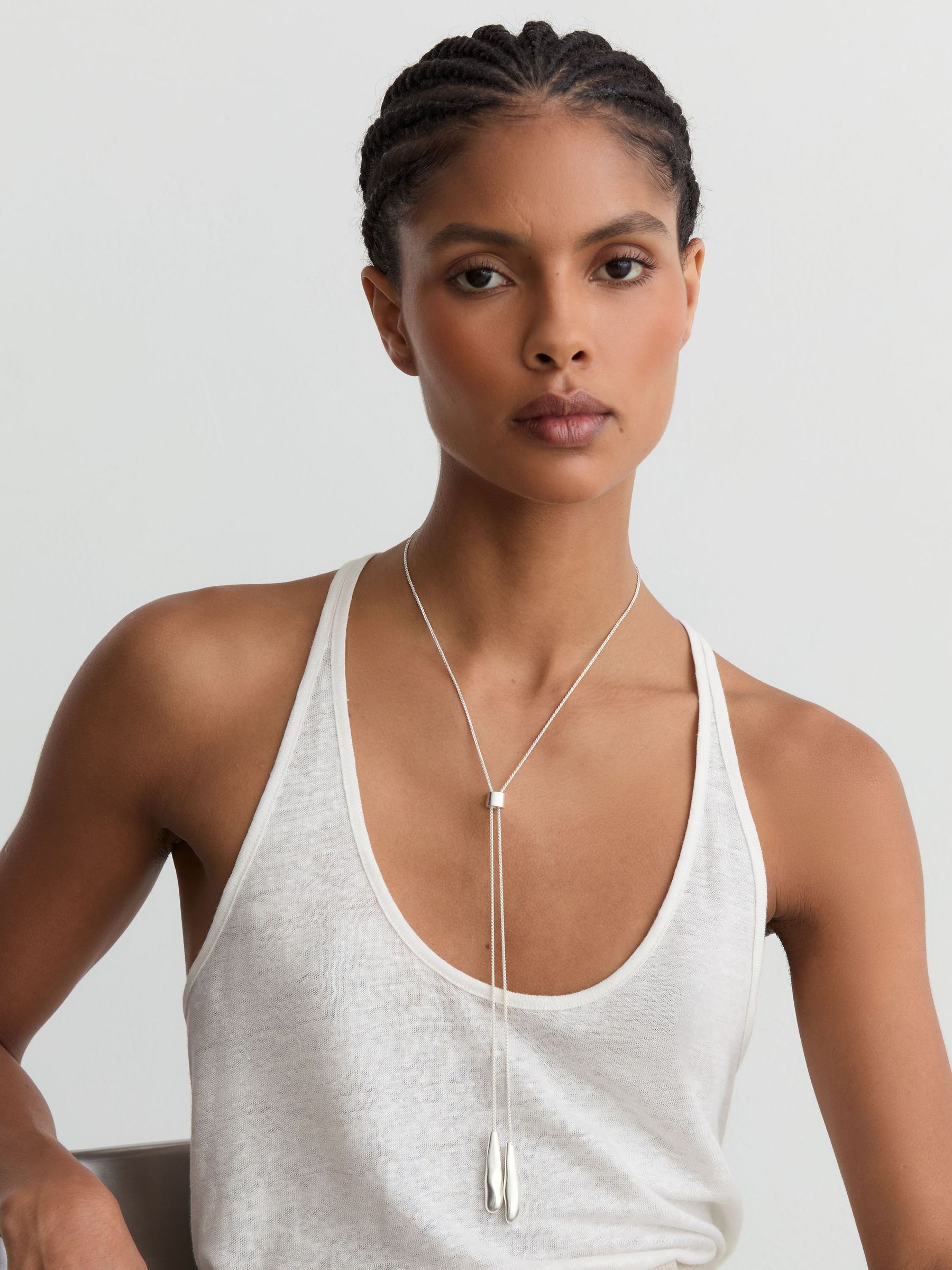 Sculpted Drop Lariat Necklace in Silver Tone - Image 1 of 3 Sculpted Drop Lariat Necklace in Silver Tone - Image 1 of 3