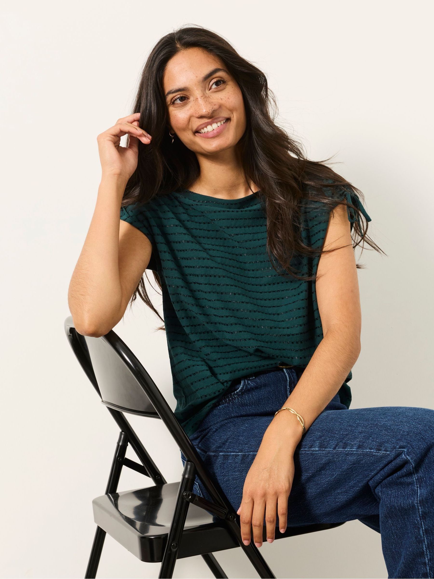 Gabby Teal Blue Gathered Shoulder Detail Top - Image 3 of 5
