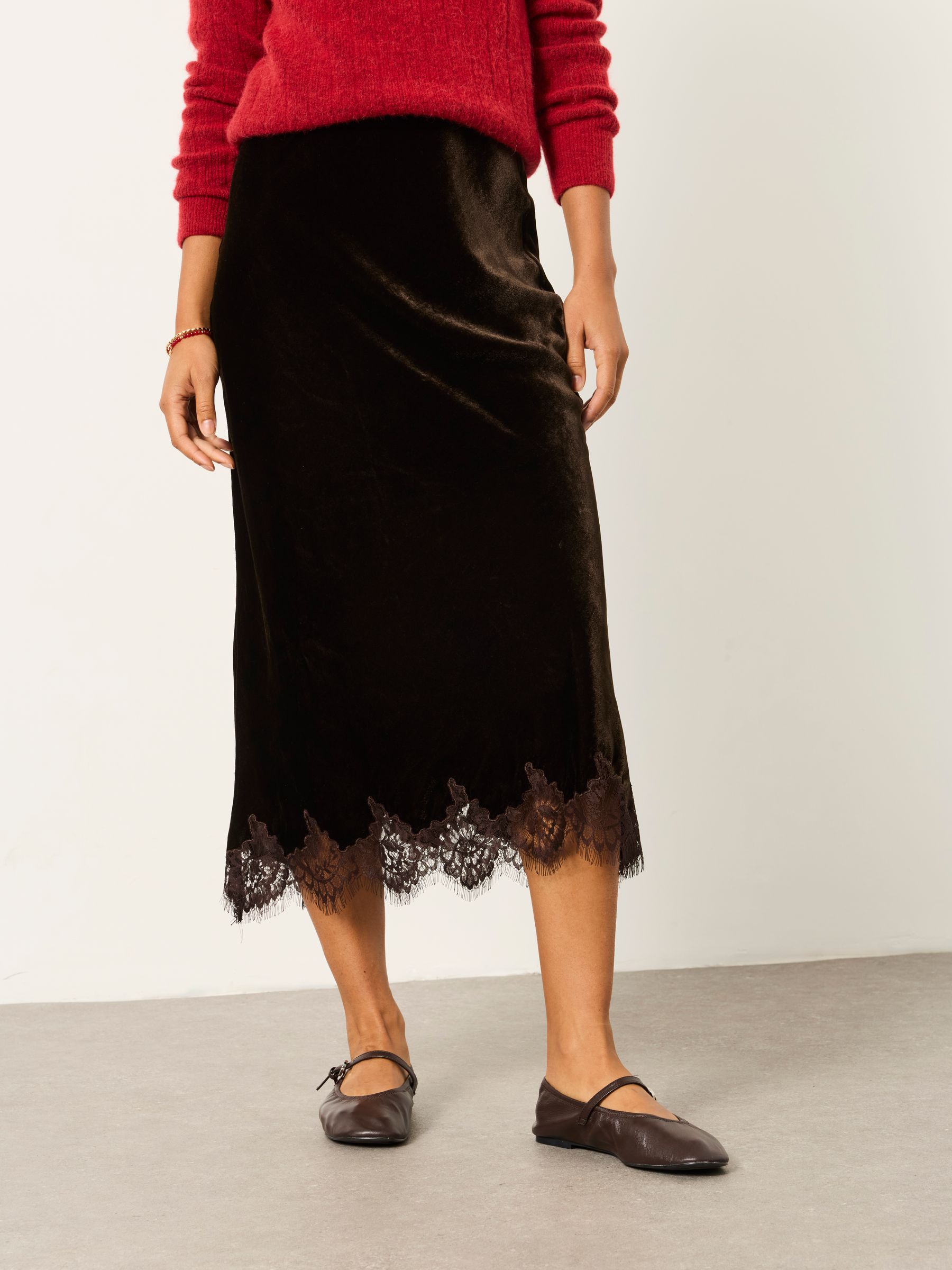 Esme Chocolate Brown Velvet Midi Skirt - Image 3 of 5