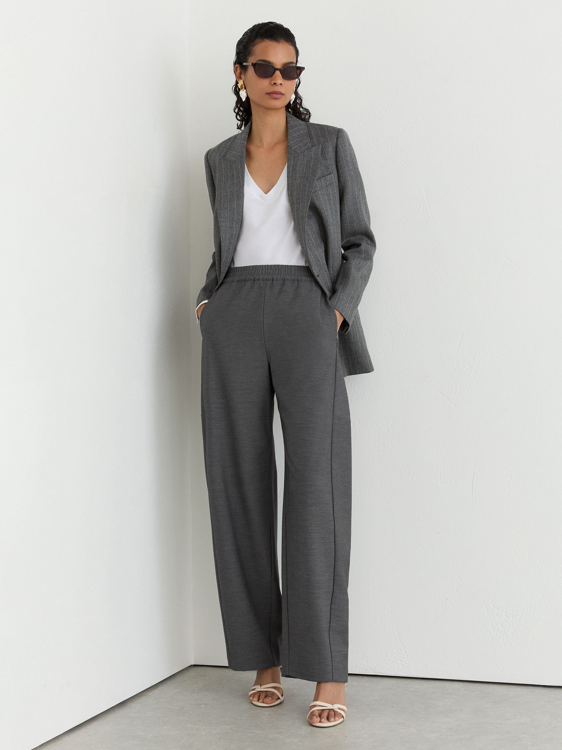 Petite Elasticated-Waist Barrel-Leg Trousers in Grey - Image 1 of 9