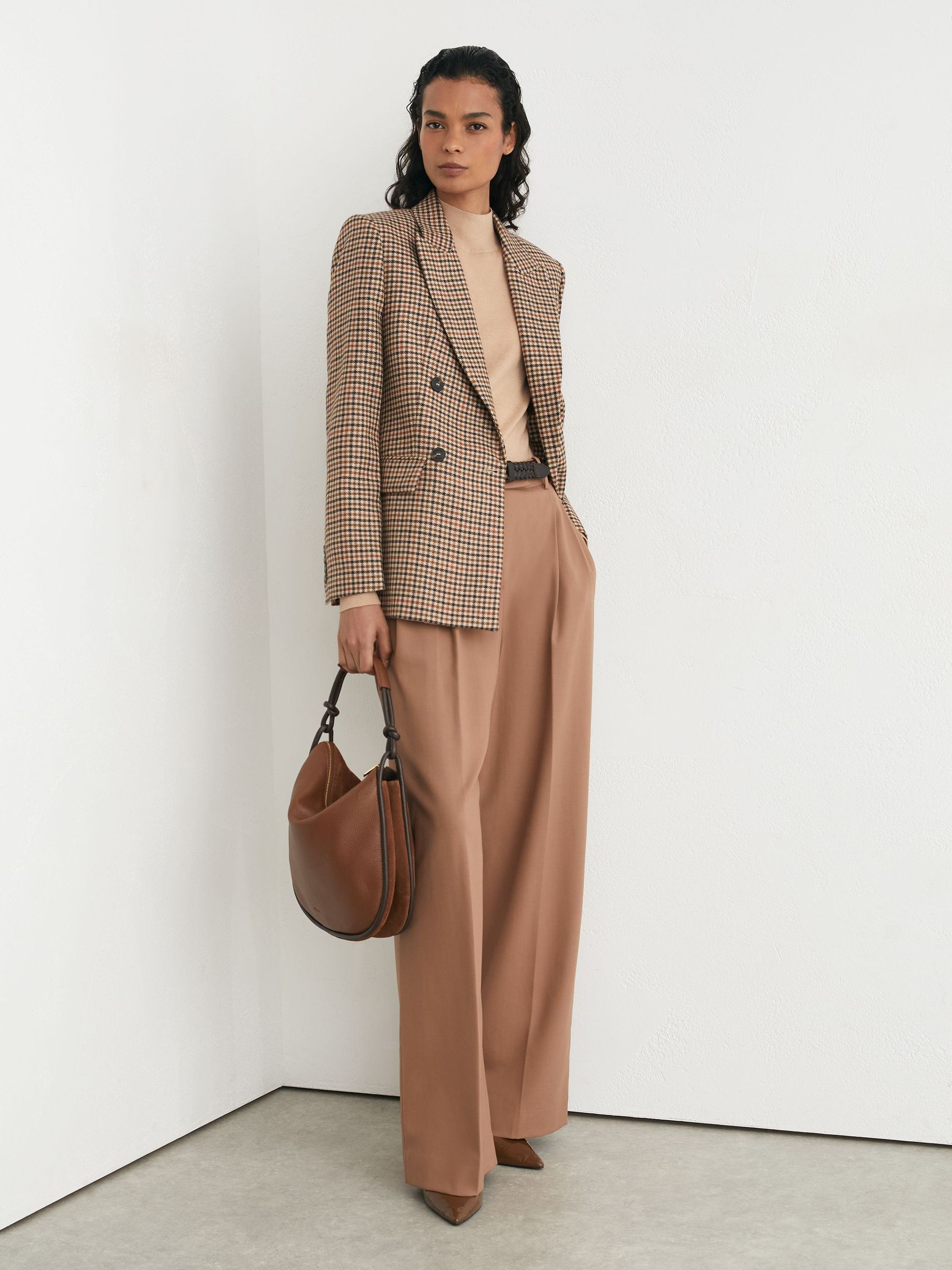 Tall Wool Houndstooth-Check Double-Breasted Blazer in Neutral Check - Image 1 of 8