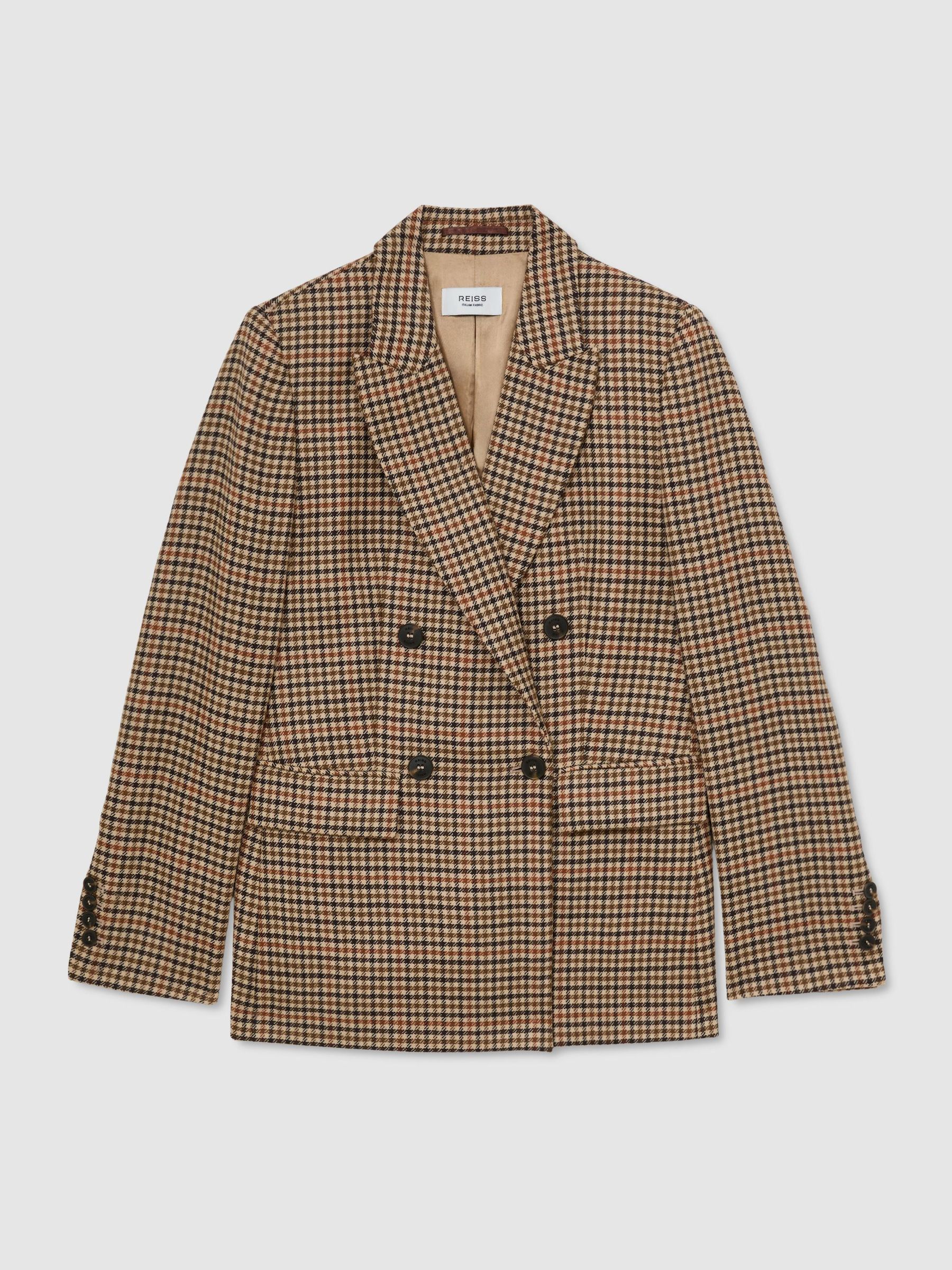 Tall Wool Houndstooth-Check Double-Breasted Blazer in Neutral Check - Image 2 of 8
