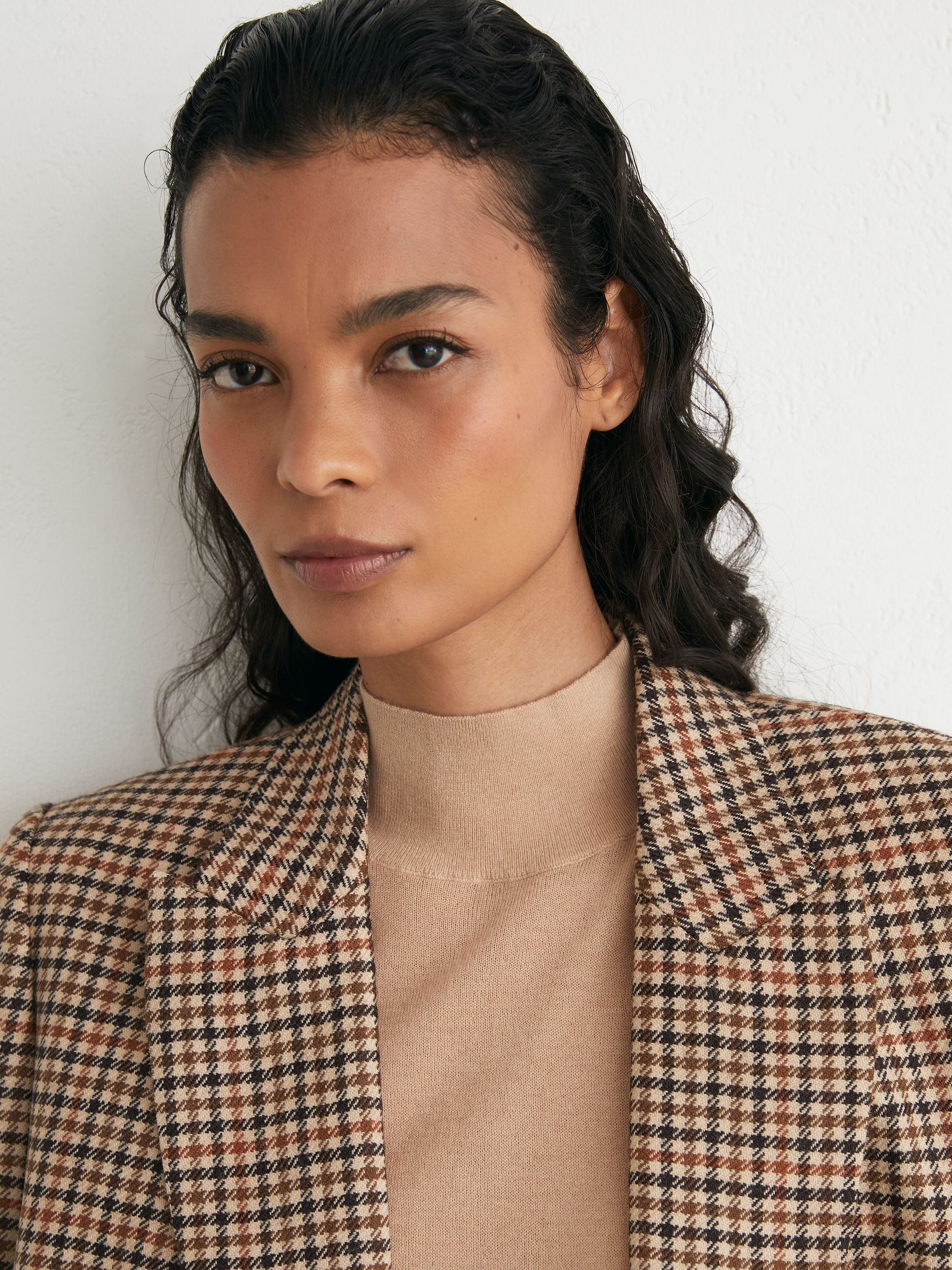 Tall Wool Houndstooth-Check Double-Breasted Blazer in Neutral Check - Image 4 of 8
