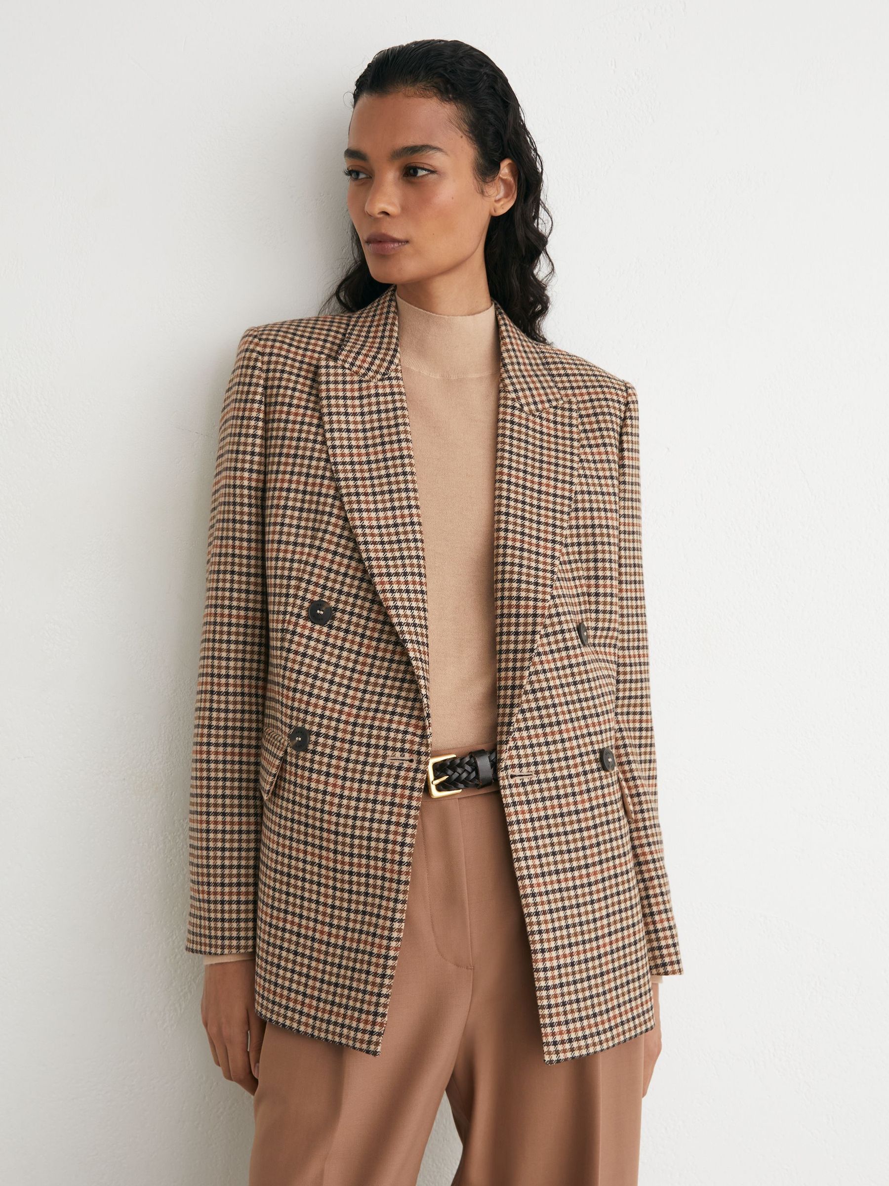 Tall Wool Houndstooth-Check Double-Breasted Blazer in Neutral Check - Image 6 of 8