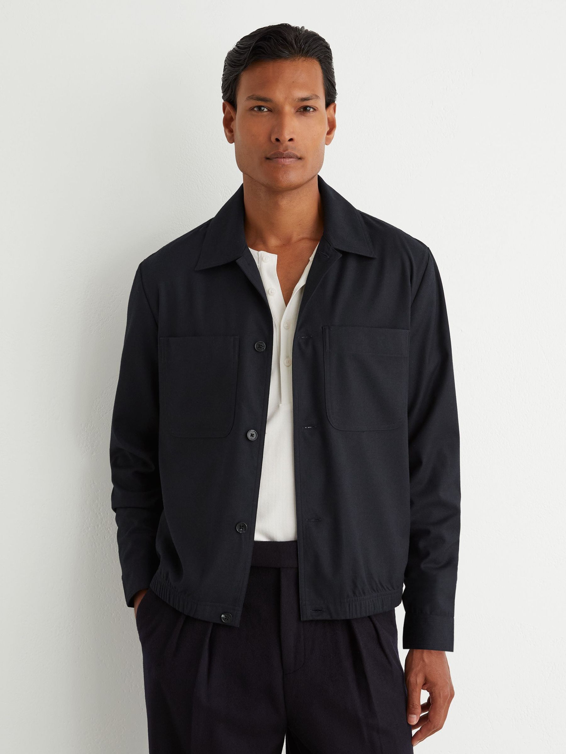 Brushed Twin-Pocket Overshirt with Wool in Navy - Image 3 of 8